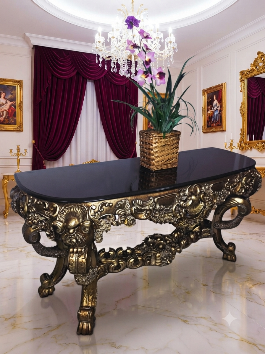 Carved Wooden Credenza with Black Marble Top – Timeless Baroque Elegance 🏛️🌟