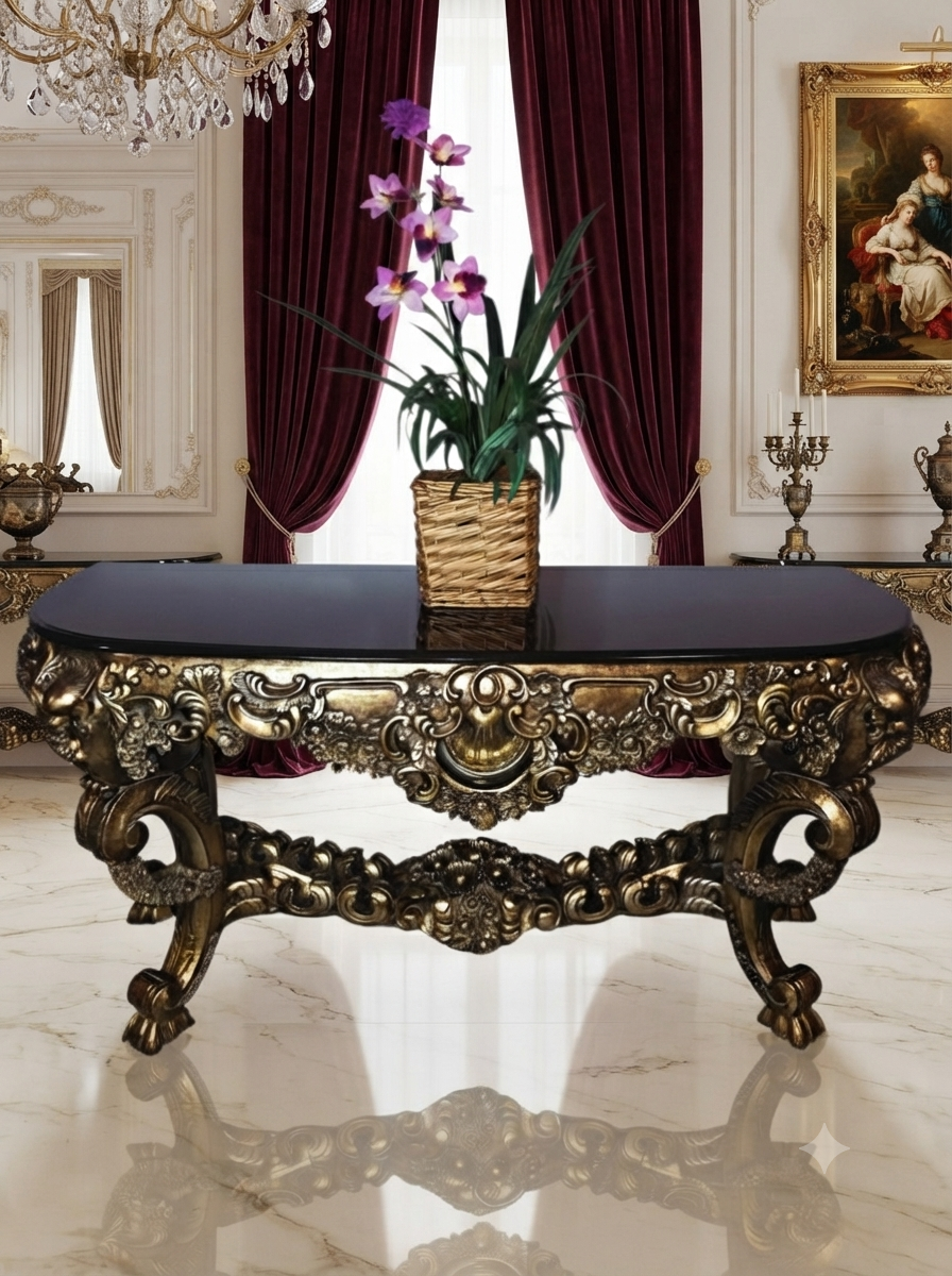 Carved Wooden Credenza with Black Marble Top – Timeless Baroque Elegance 🏛️🌟