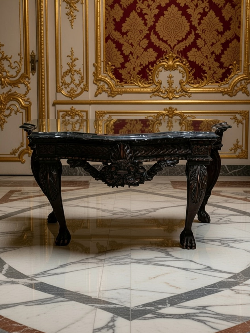 🖤 Credenza Tallada en Madera con Cubierta de Acabado Negro Distinguido 🪞🏛️✨