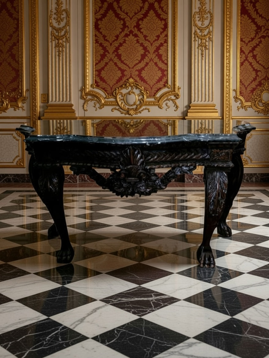 🖤 Credenza Tallada en Madera con Cubierta de Acabado Negro Distinguido 🪞🏛️✨