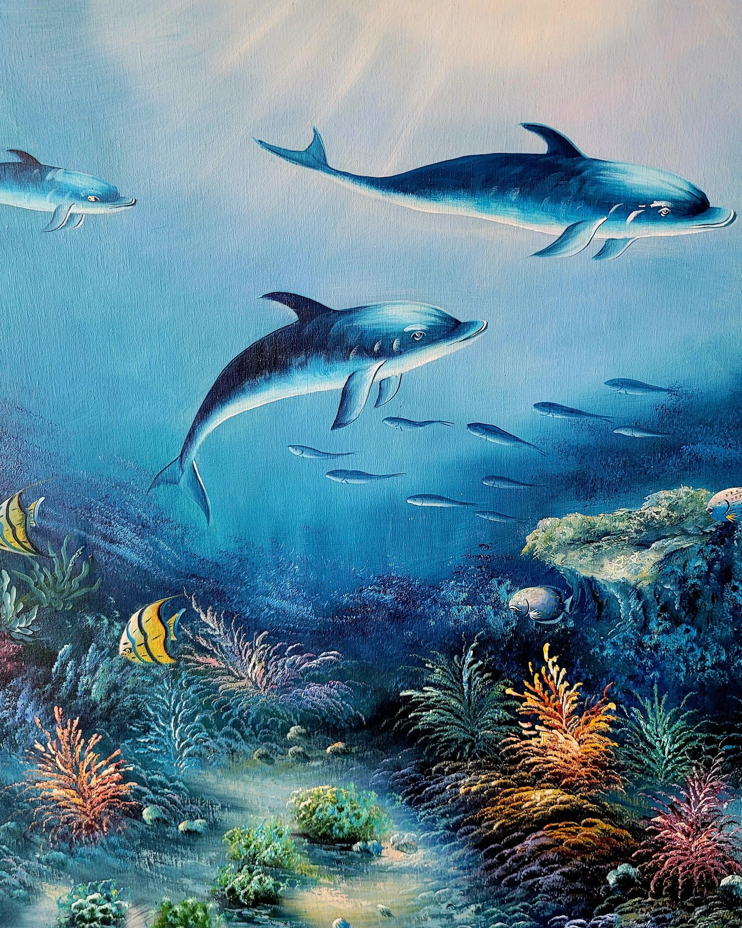 Cuadro al oleo – Familia de Delfines en Armonía Submarina🖌️🎨