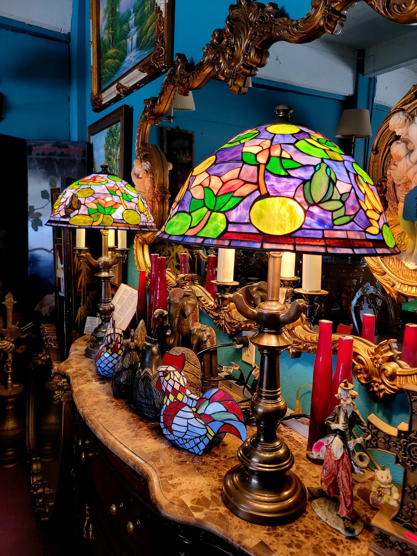 🐸🌺 Pair of Stained Glass Lamps 🌺🐸