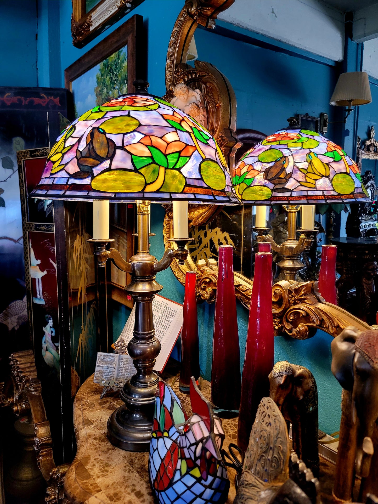 🐸🌺 Pair of Stained Glass Lamps 🌺🐸