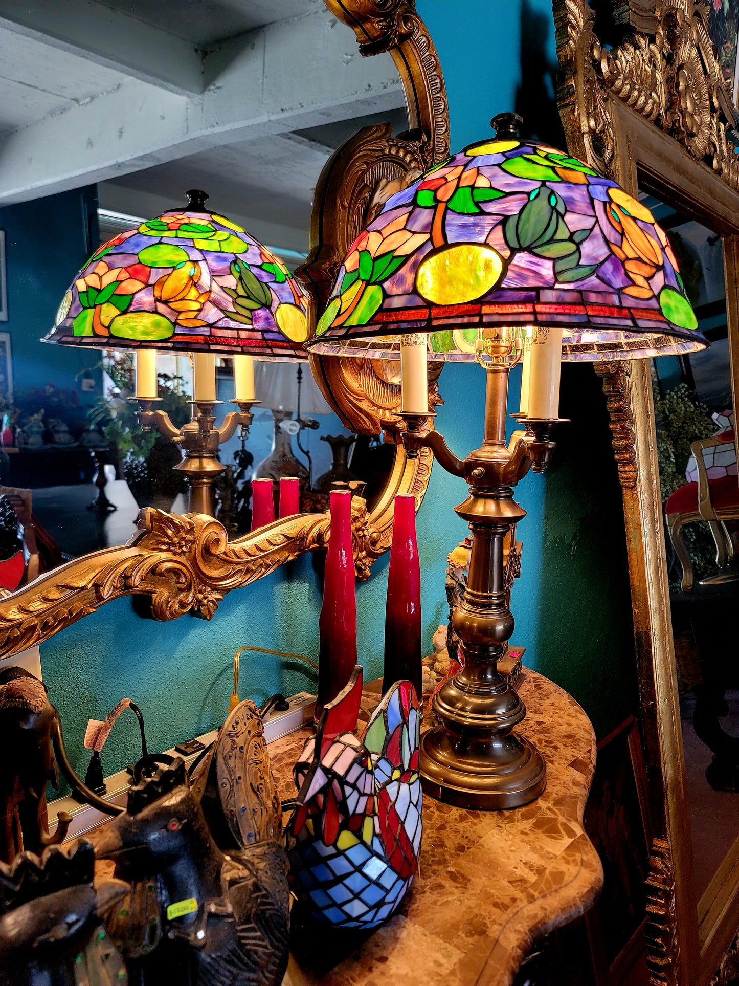 🐸🌺 Pair of Stained Glass Lamps 🌺🐸