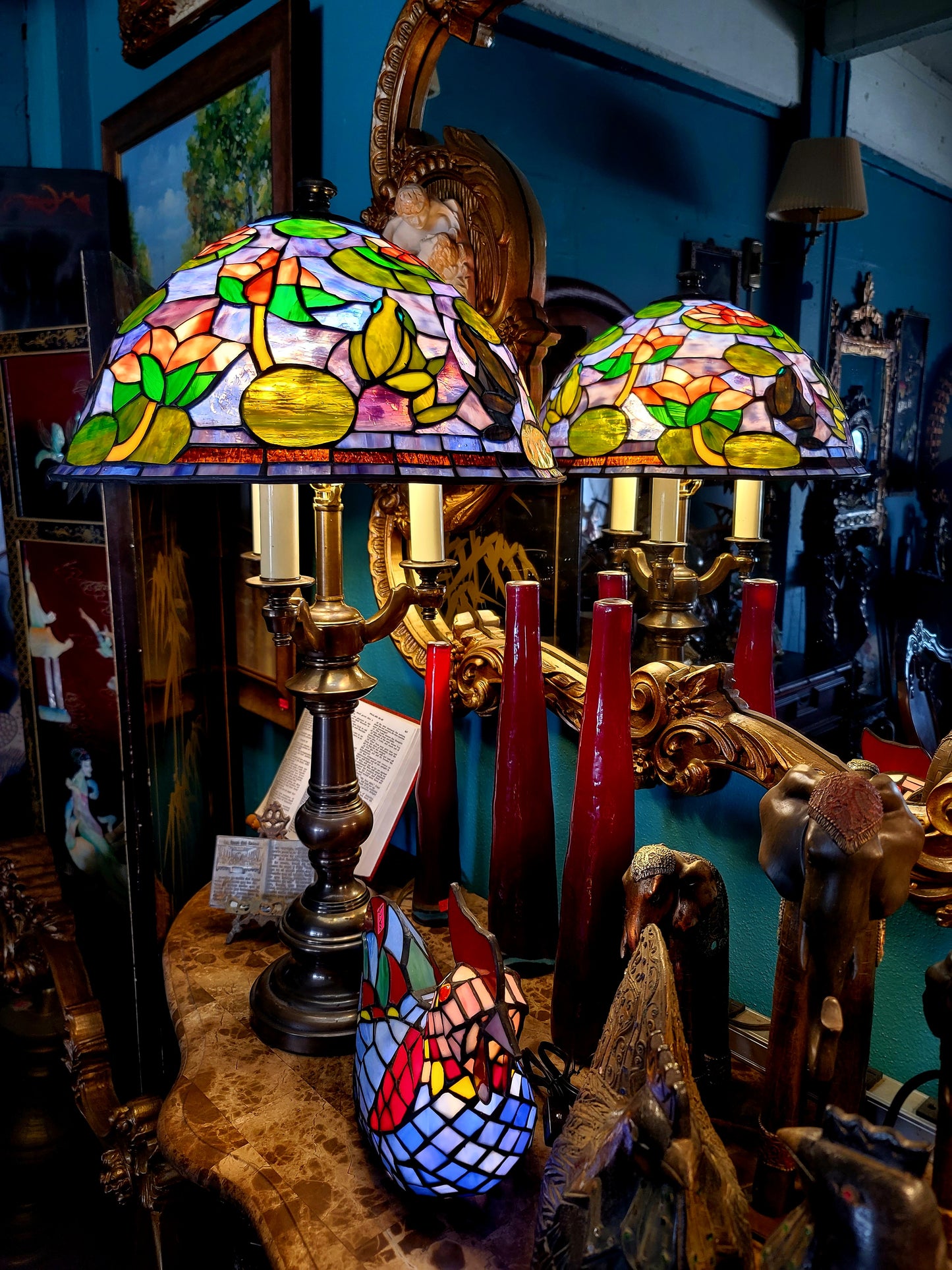🐸🌺 Pair of Stained Glass Lamps 🌺🐸