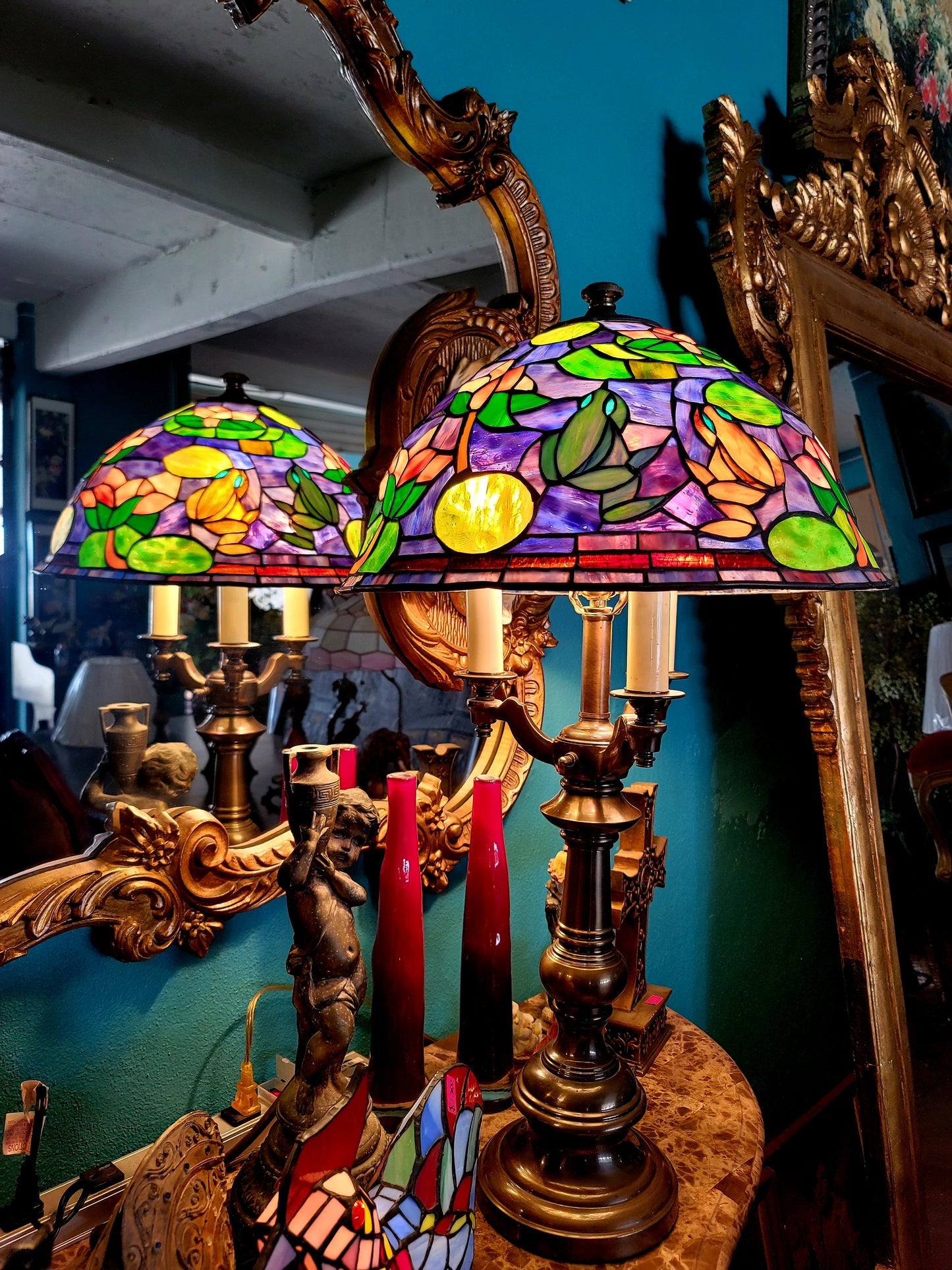 🐸🌺 Pair of Stained Glass Lamps 🌺🐸