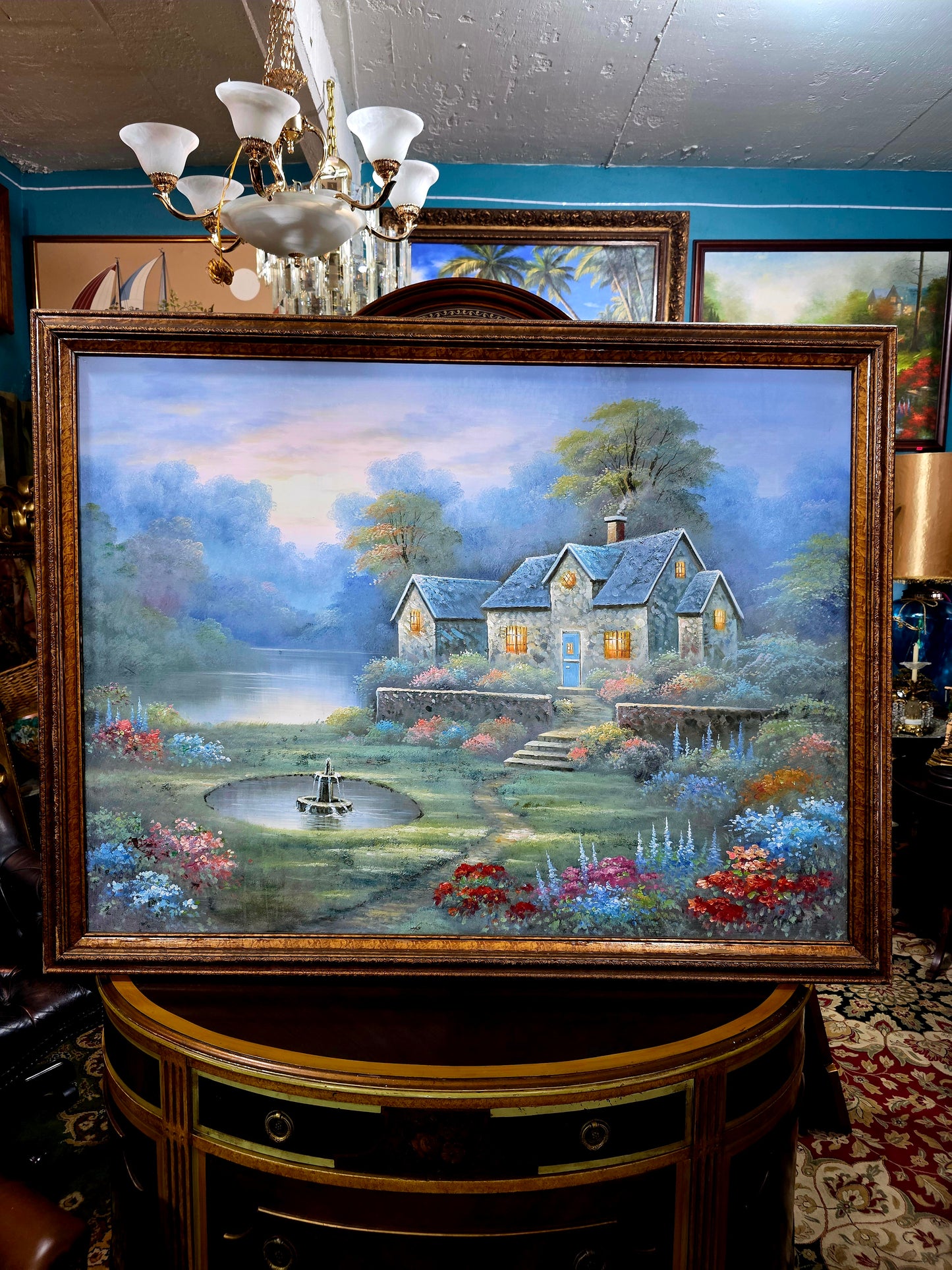 Cabaña de piedra entre jardines floridos – Oleo original🖌️🎨