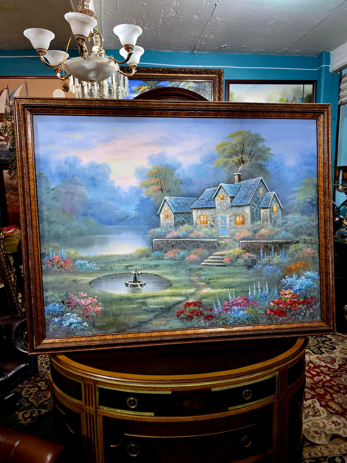 Cabaña de piedra entre jardines floridos – Oleo original🖌️🎨