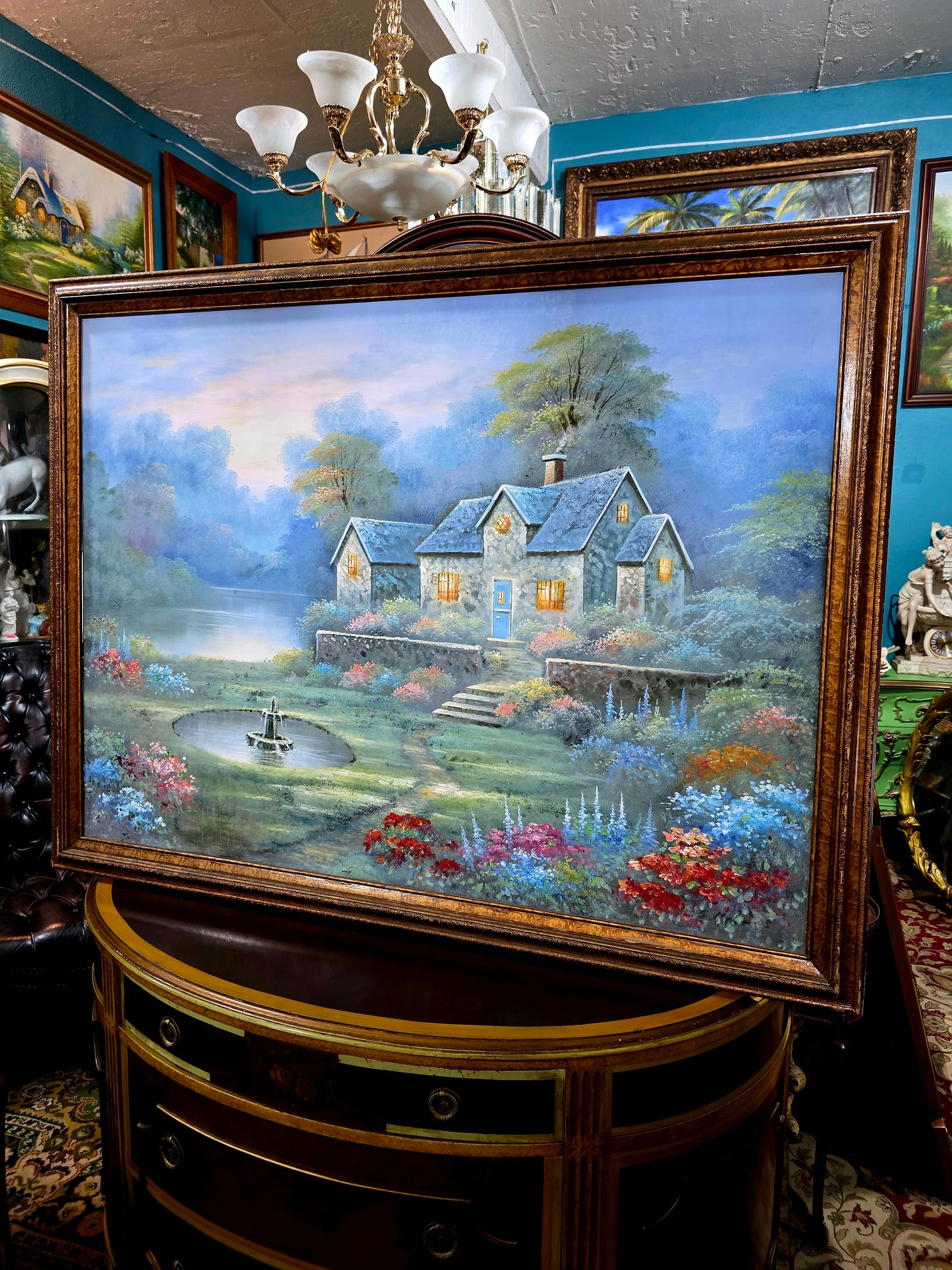 Cabaña de piedra entre jardines floridos – Oleo original🖌️🎨