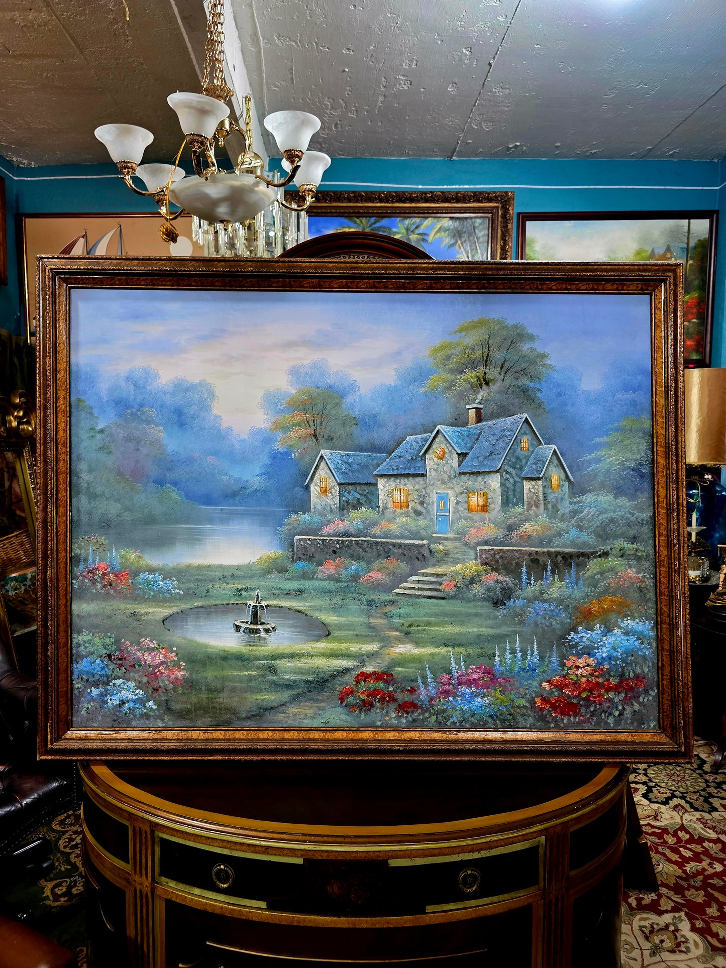 Cabaña de piedra entre jardines floridos – Oleo original🖌️🎨