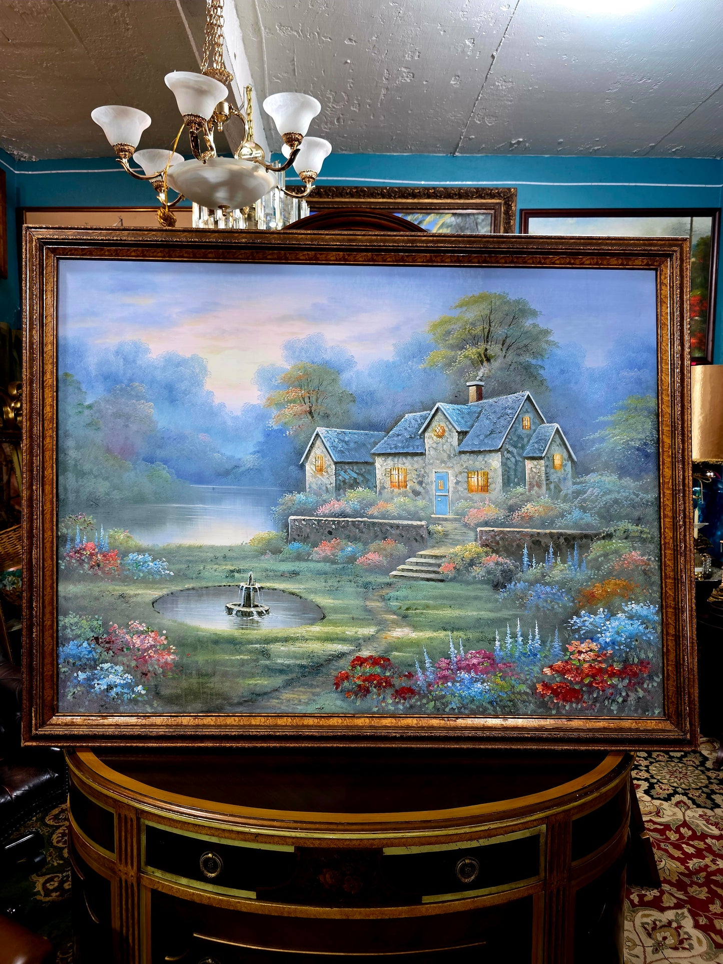 Cabaña de piedra entre jardines floridos – Oleo original🖌️🎨