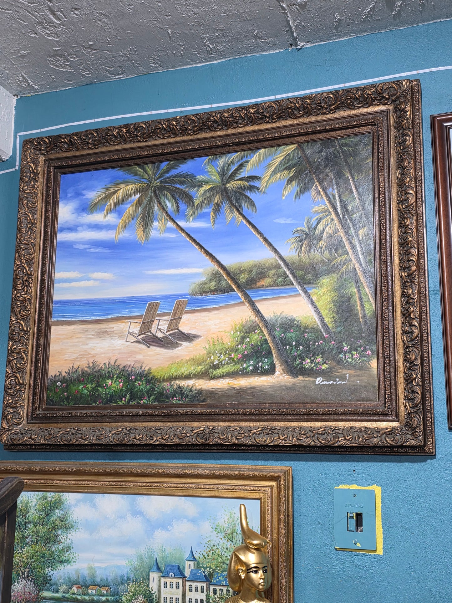 Paisaje tropical con palmeras y flores Pintura Original – Firmado Daniel – 124 x 154 x 9 cm🌴🖌️