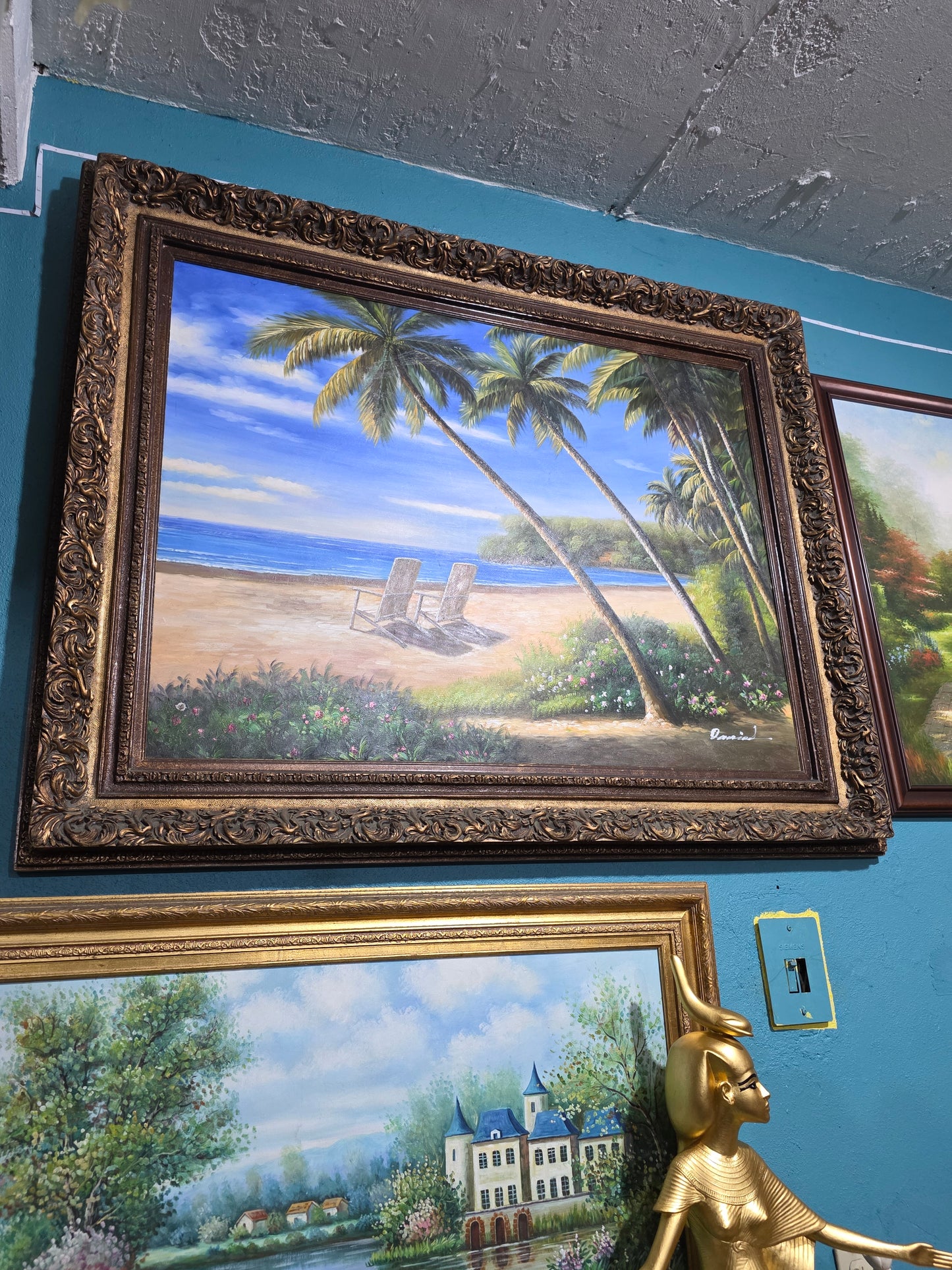 Paisaje tropical con palmeras y flores Pintura Original – Firmado Daniel – 124 x 154 x 9 cm🌴🖌️