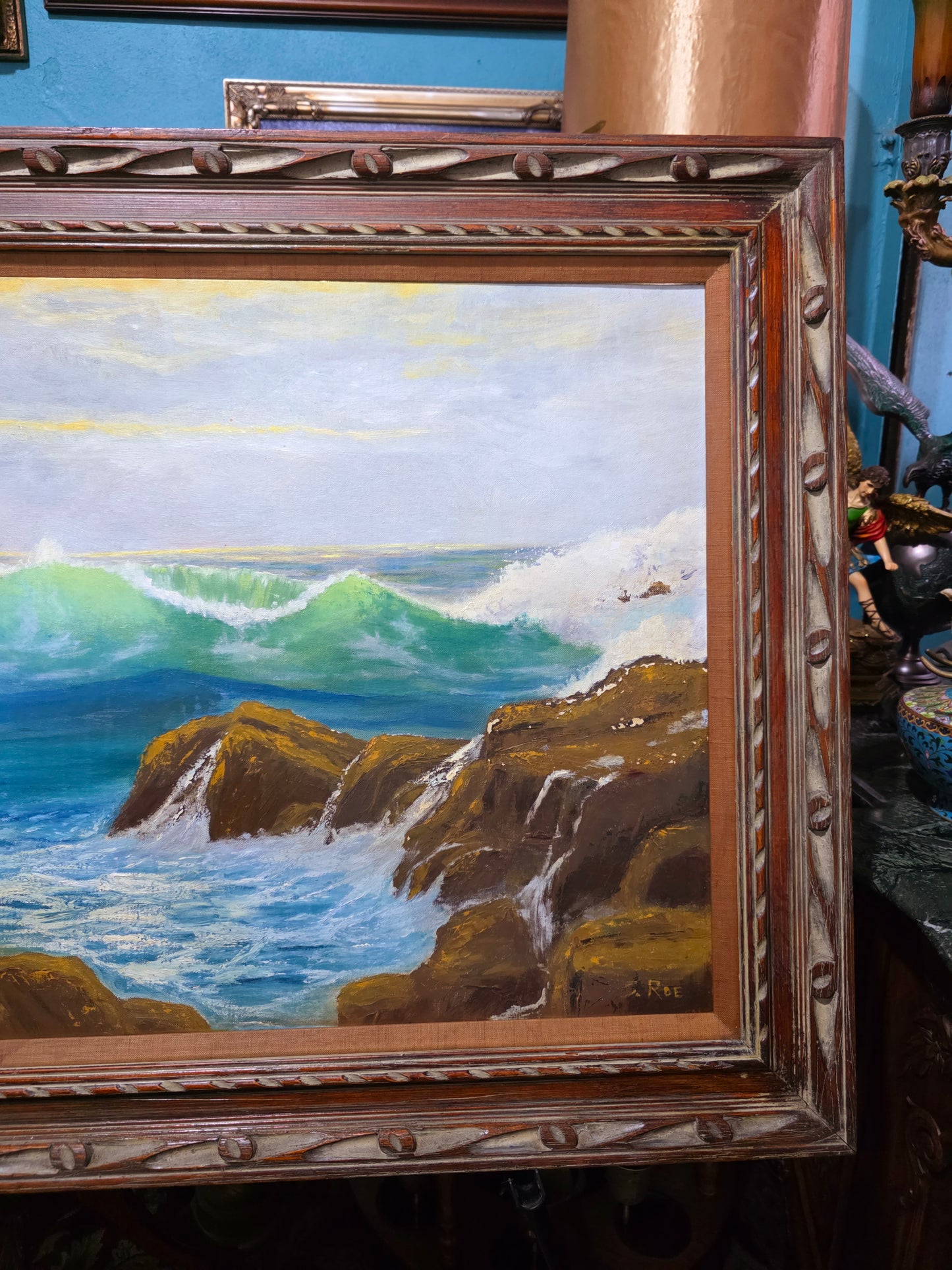 🌊 Vintage Coastal Landscape Painting – Original Oil Painting with Wooden Frame 🖼️