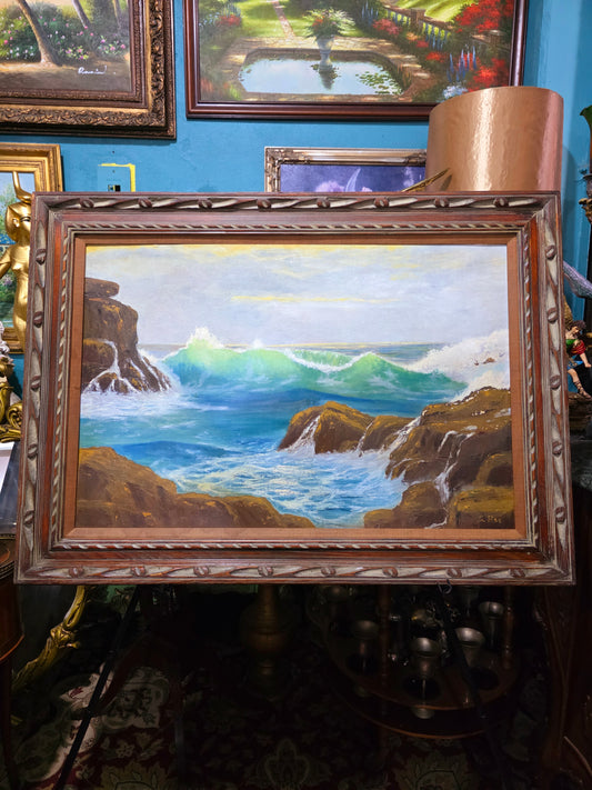 🌊 Vintage Coastal Landscape Painting – Original Oil Painting with Wooden Frame 🖼️