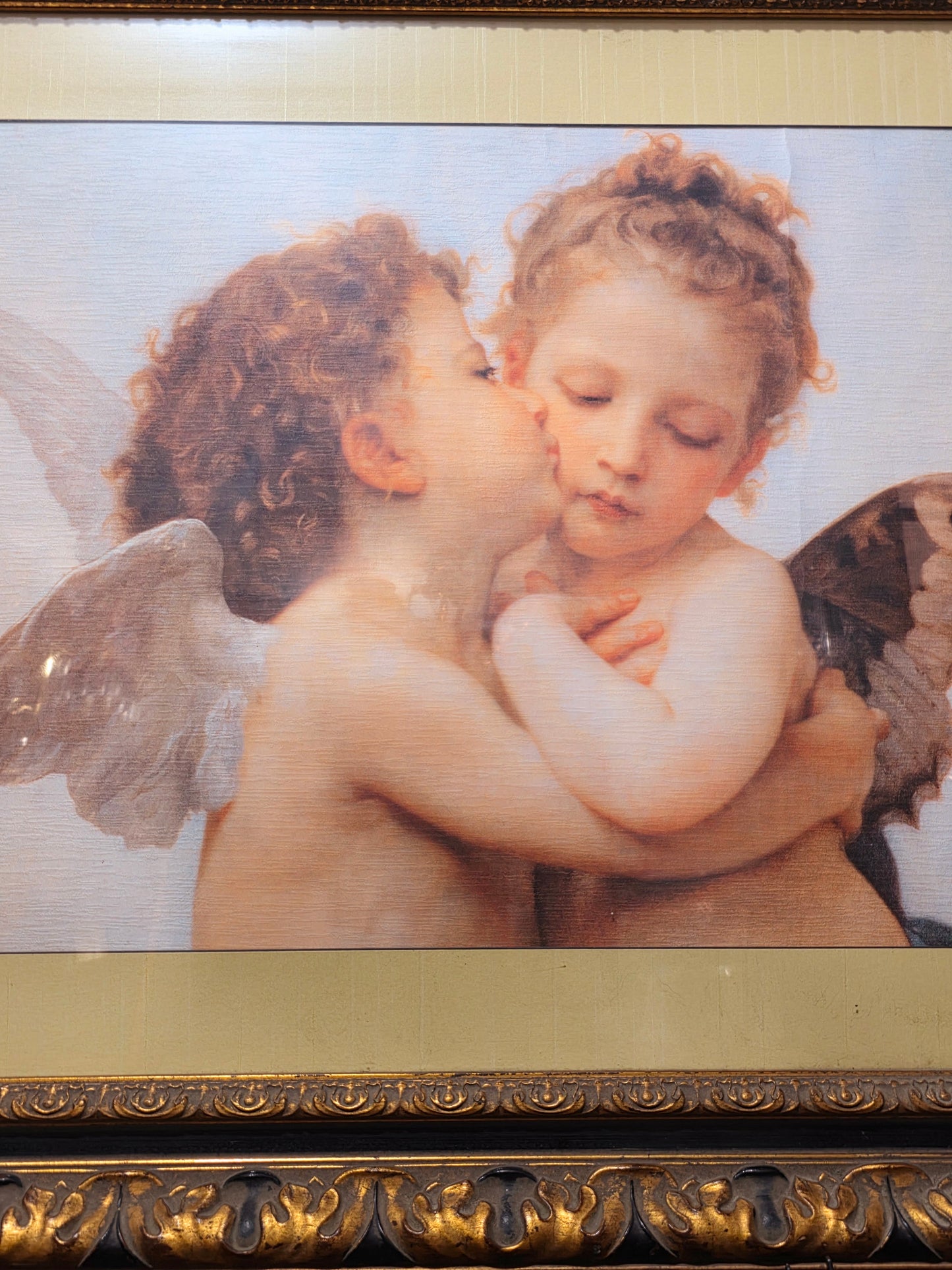 👼 Vintage Painting with Lithograph of Angels – Aged Gold Wooden Frame 👼