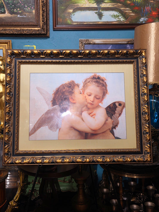 👼 Vintage Painting with Lithograph of Angels – Aged Gold Wooden Frame 👼