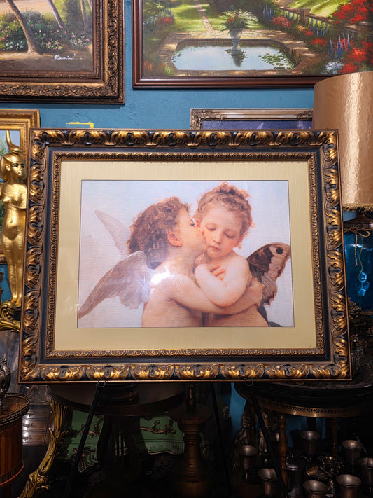 👼 Vintage Painting with Lithograph of Angels – Aged Gold Wooden Frame 👼