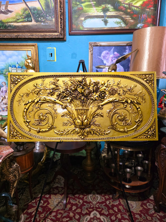 🌺 Vintage Painting with Aged Gold Relief – Monumental Decorative Piece🖌️🎨
