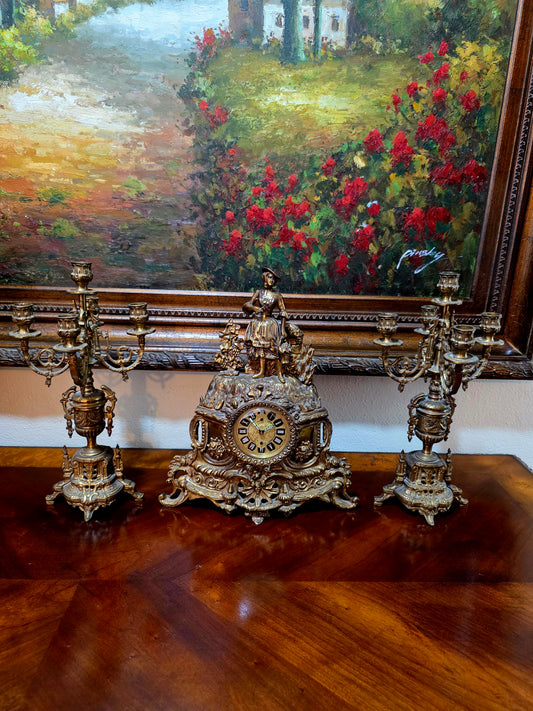 🕰️✨ Majestic Bronze Clock and Candlestick Set – Classical German Art of the 19th Century ✨🕰️
