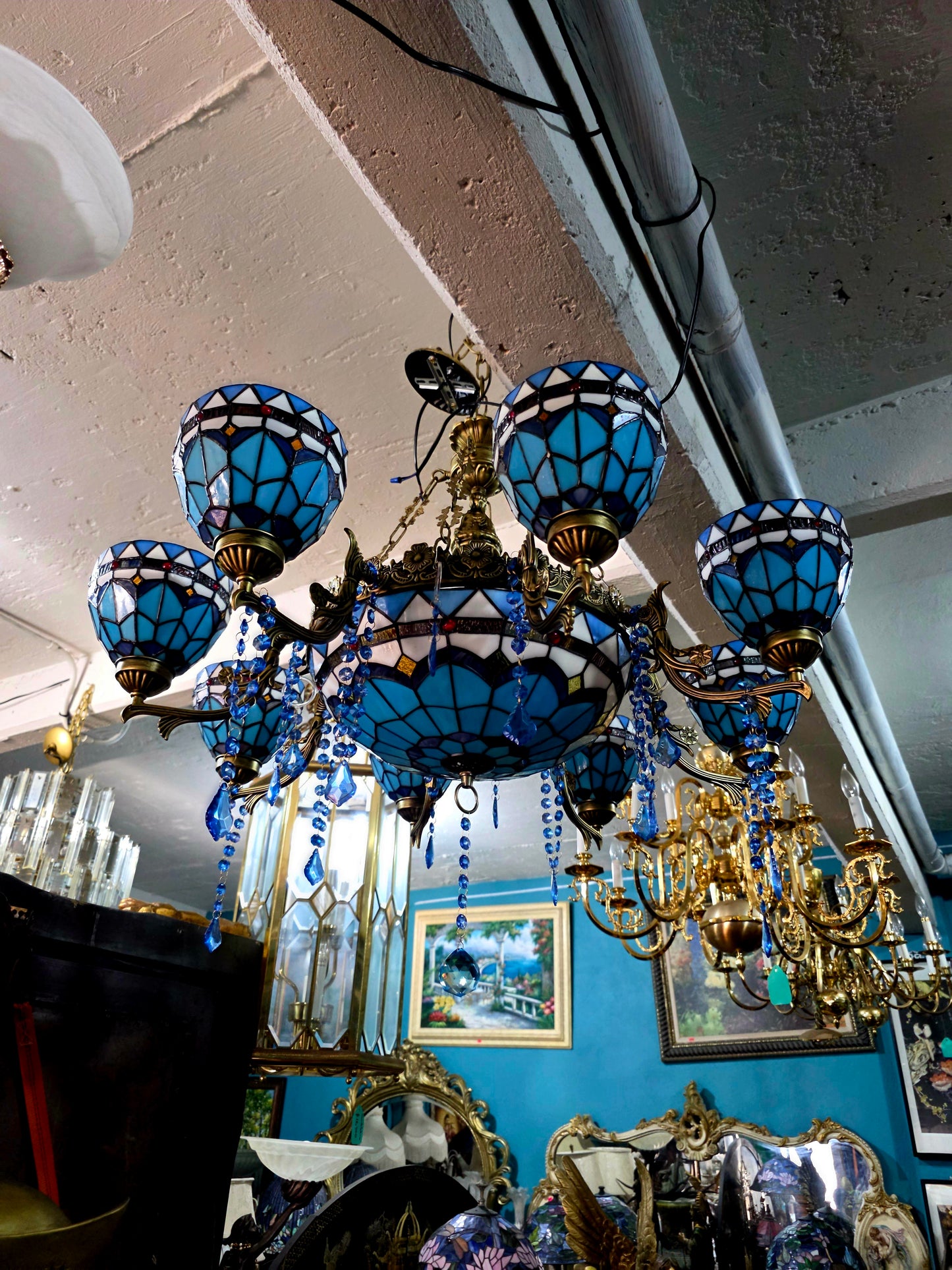 🔱💎 Candil Tiffany Retro de 9 Luces — Elegancia en Vitrales y Cristales 💙🔱