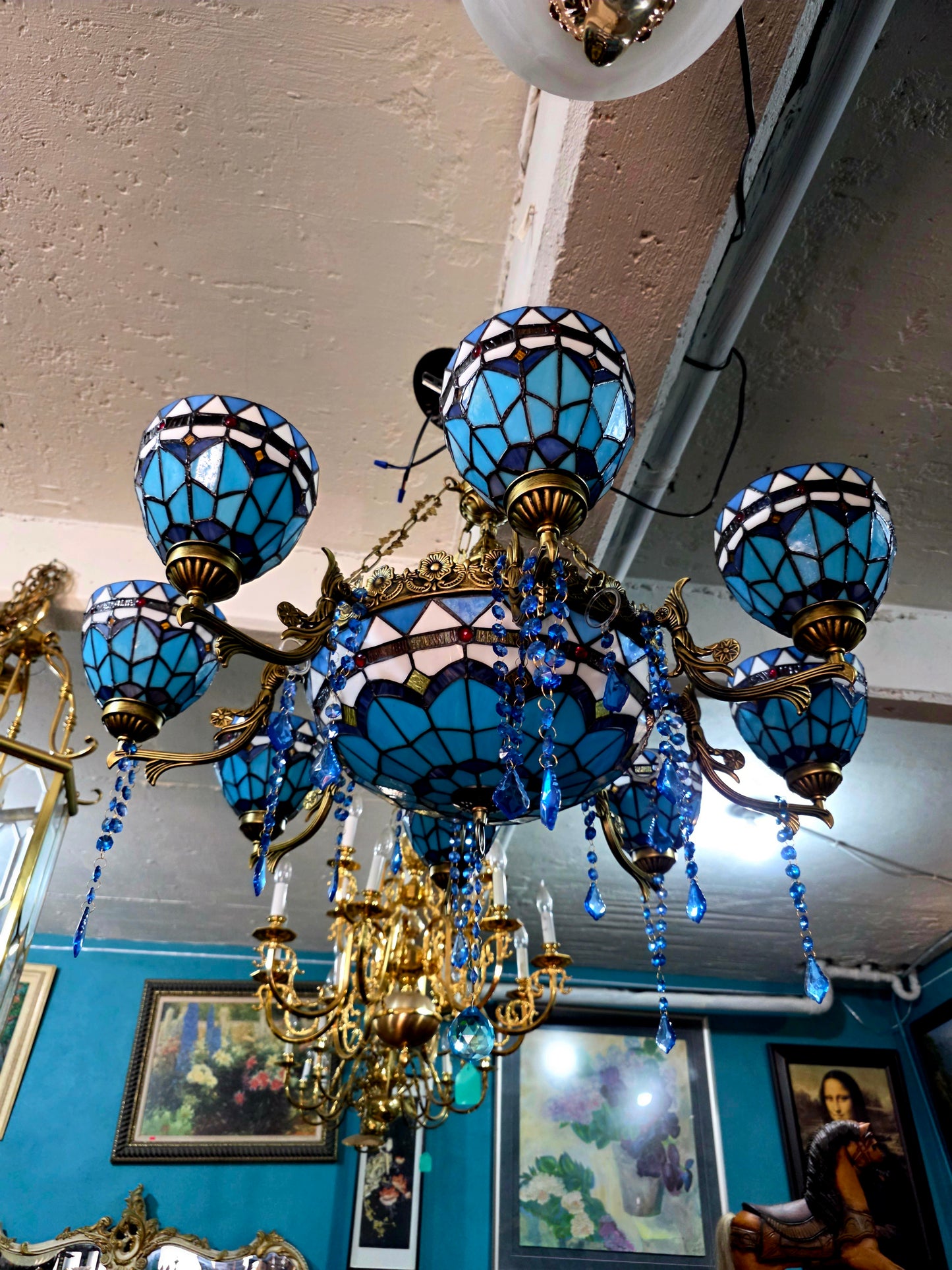 🔱💎 Candil Tiffany Retro de 9 Luces — Elegancia en Vitrales y Cristales 💙🔱