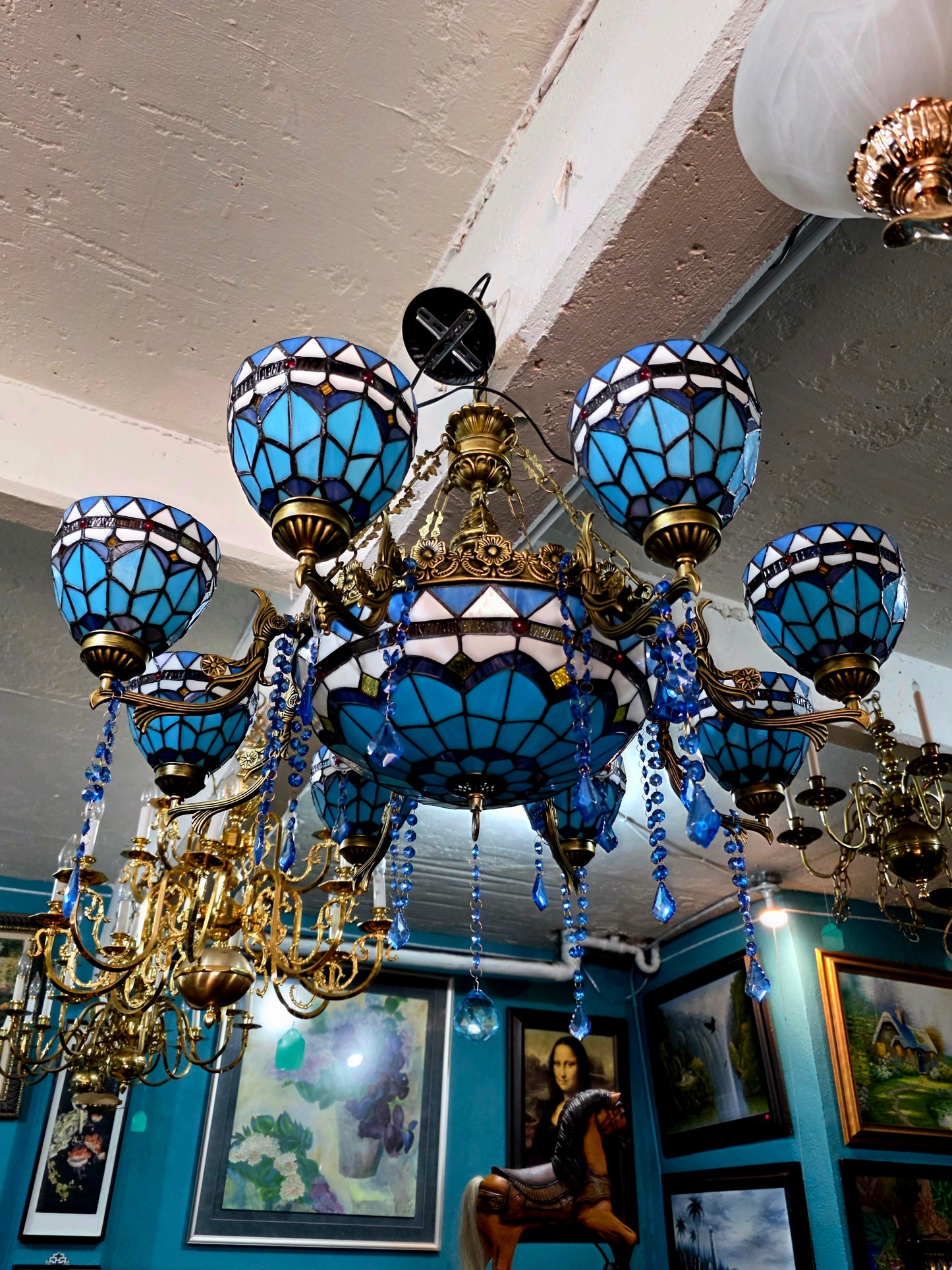 🔱💎 Candil Tiffany Retro de 9 Luces — Elegancia en Vitrales y Cristales 💙🔱