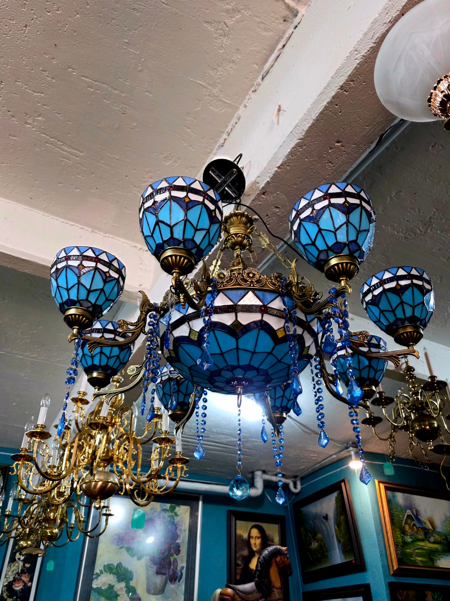 🔱💎 Candil Tiffany Retro de 9 Luces — Elegancia en Vitrales y Cristales 💙🔱