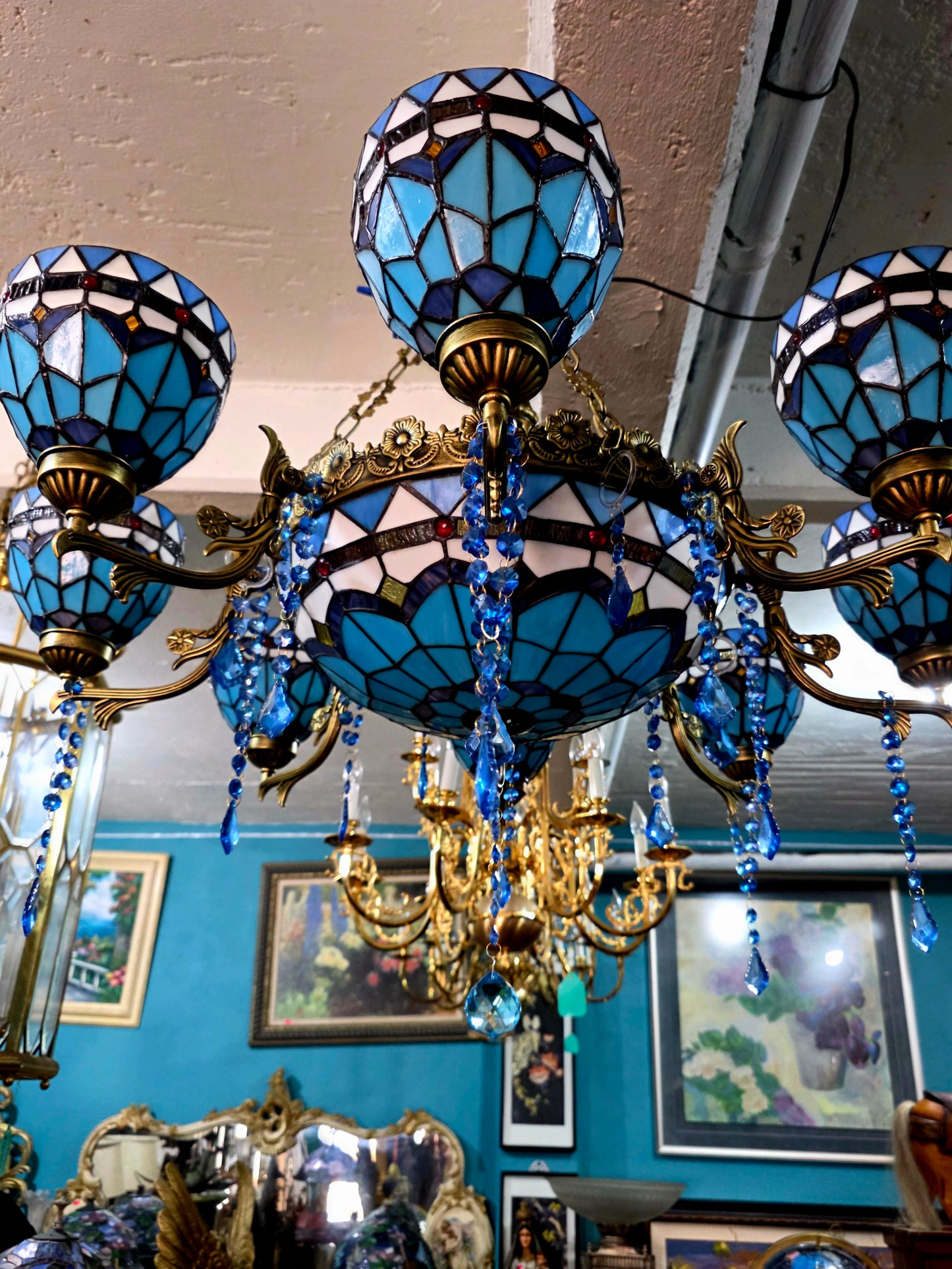 🔱💎 Candil Tiffany Retro de 9 Luces — Elegancia en Vitrales y Cristales 💙🔱