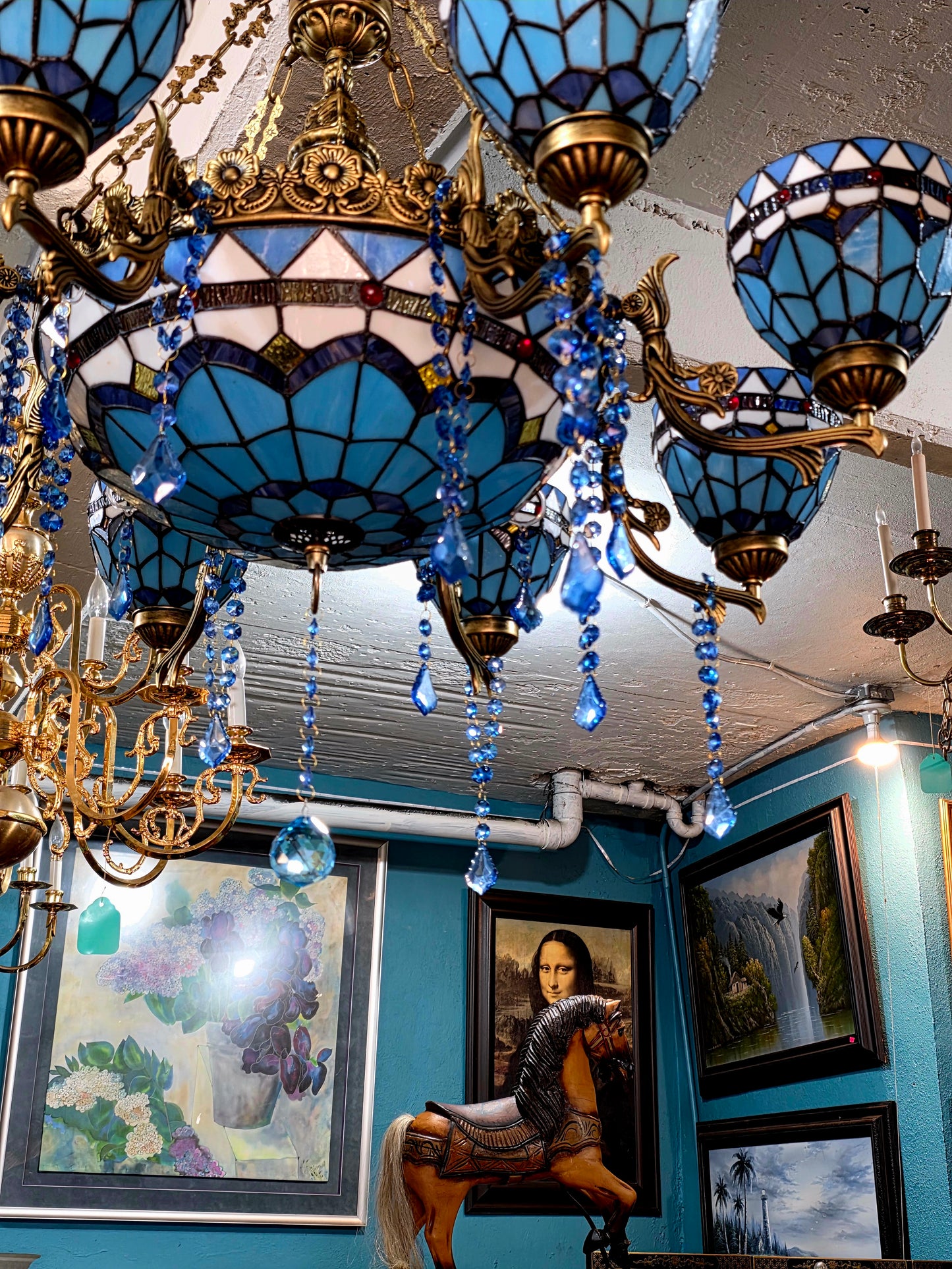 🔱💎 Candil Tiffany Retro de 9 Luces — Elegancia en Vitrales y Cristales 💙🔱