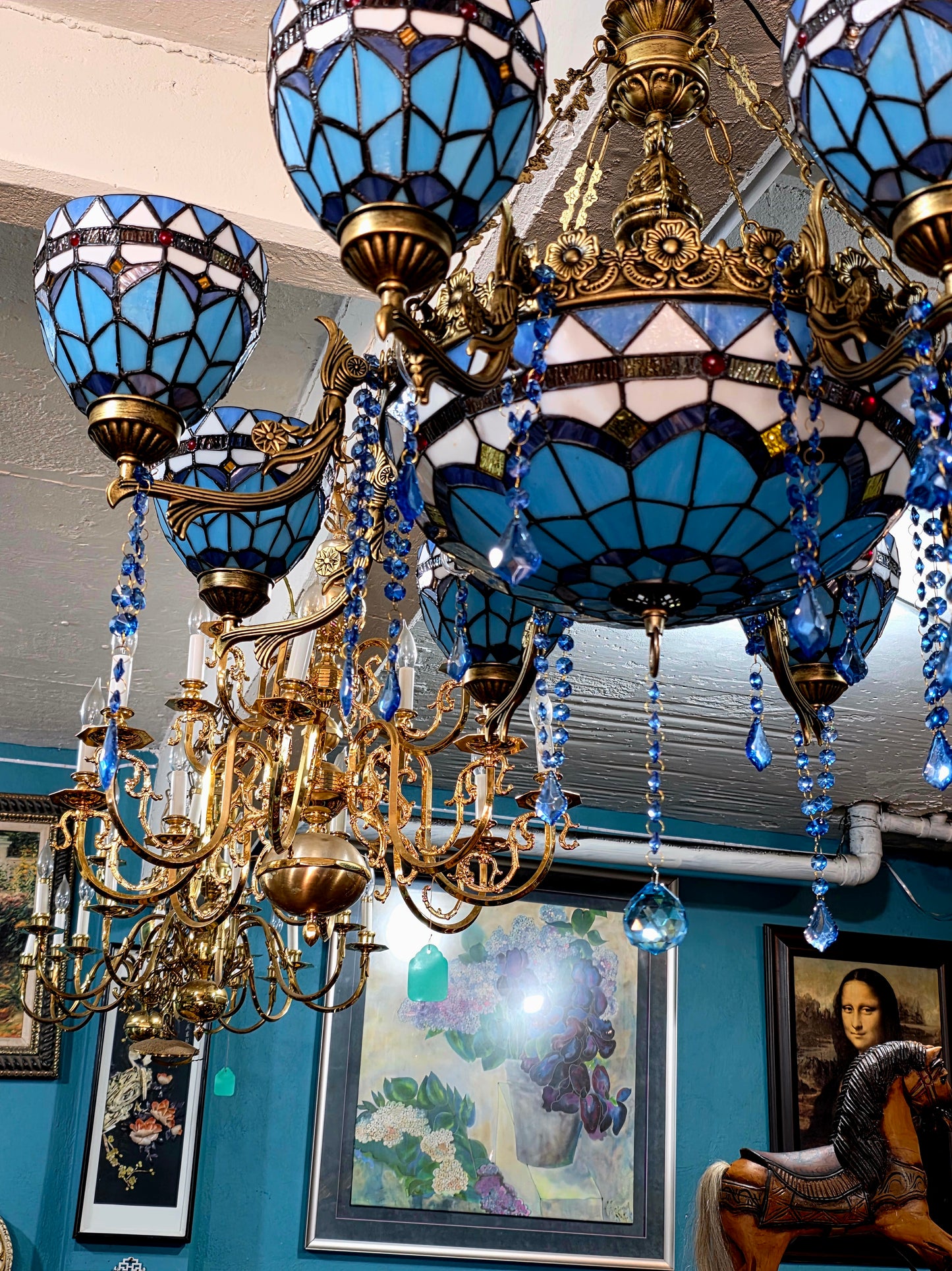 🔱💎 Candil Tiffany Retro de 9 Luces — Elegancia en Vitrales y Cristales 💙🔱