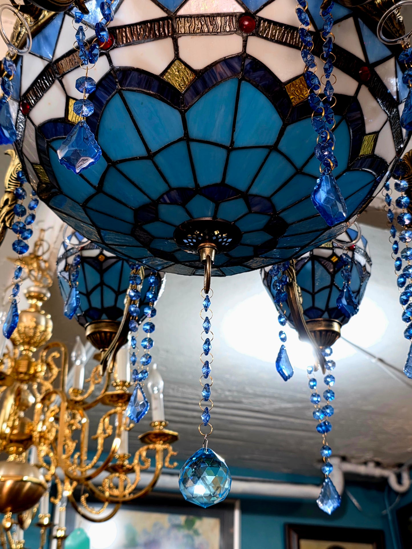 🔱💎 Candil Tiffany Retro de 9 Luces — Elegancia en Vitrales y Cristales 💙🔱