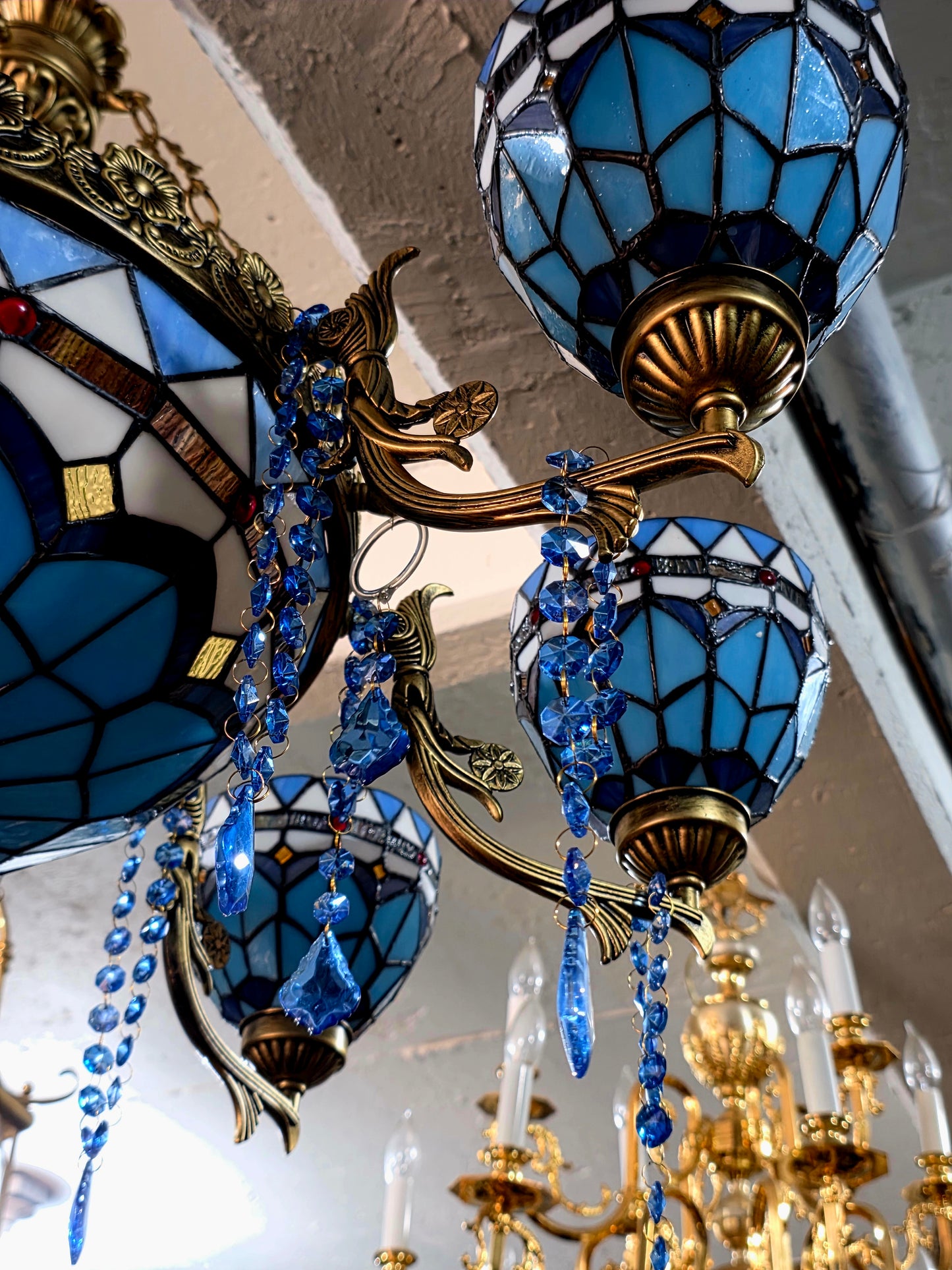 🔱💎 Candil Tiffany Retro de 9 Luces — Elegancia en Vitrales y Cristales 💙🔱