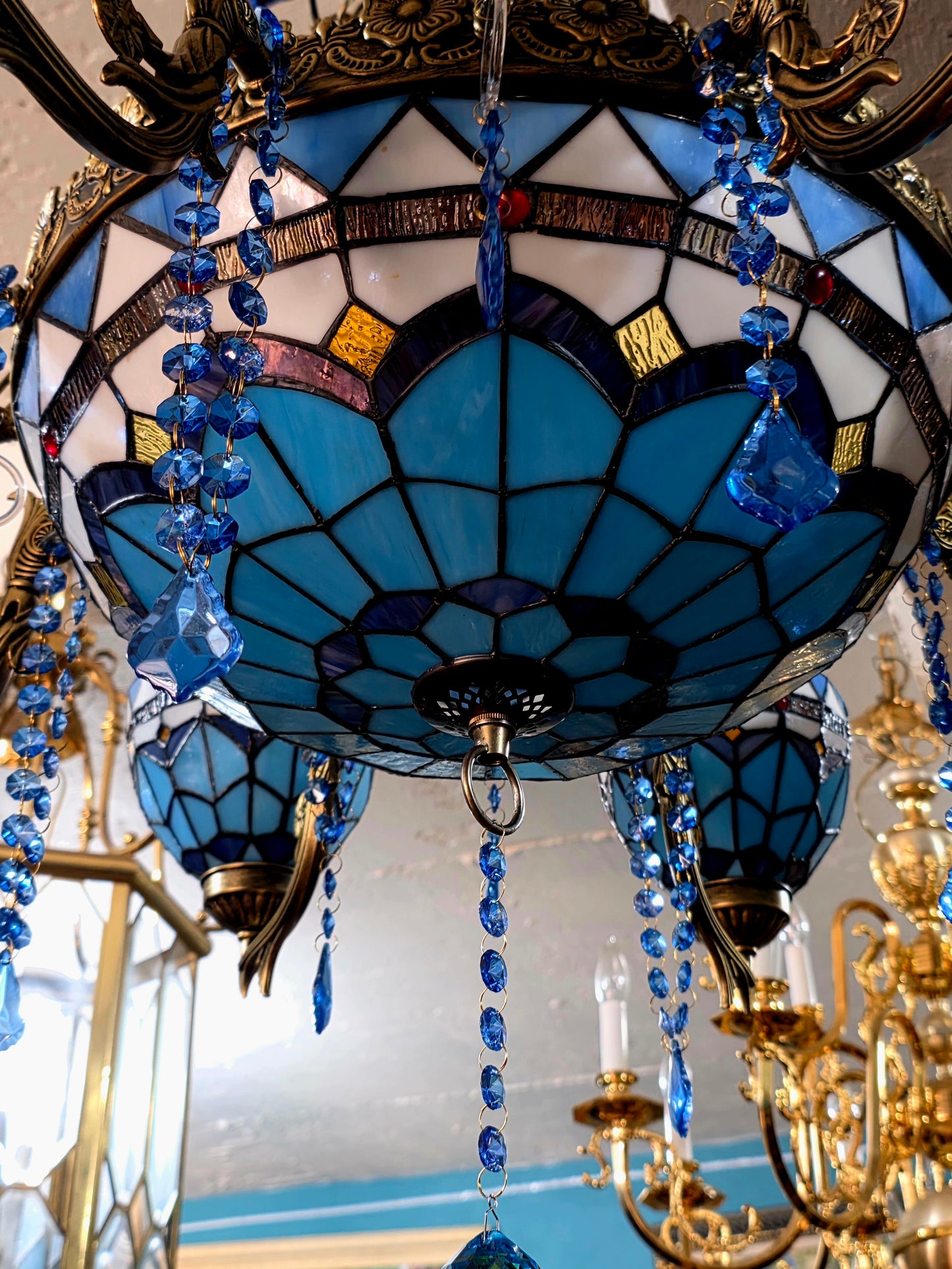 🔱💎 Candil Tiffany Retro de 9 Luces — Elegancia en Vitrales y Cristales 💙🔱