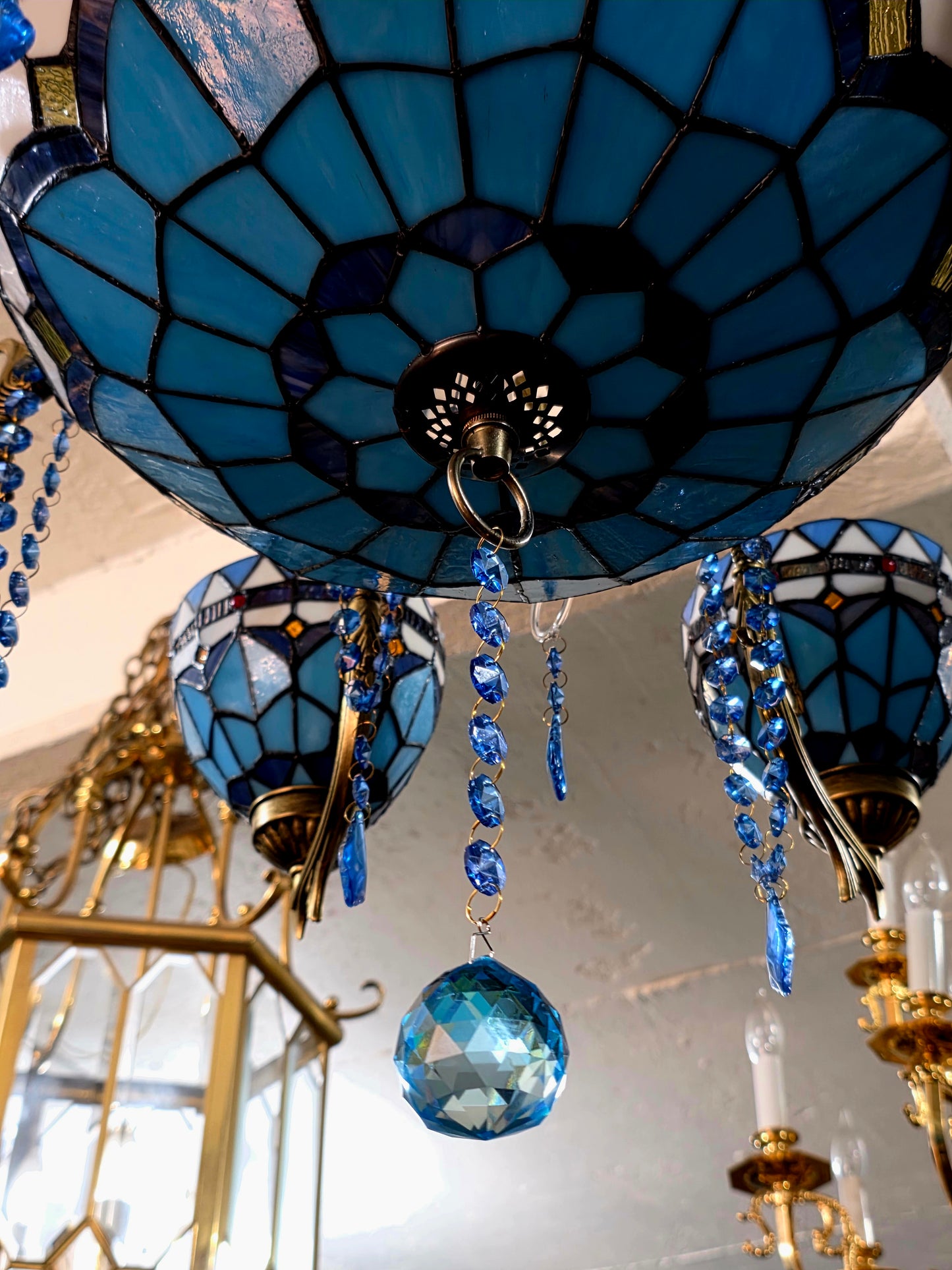 🔱💎 Candil Tiffany Retro de 9 Luces — Elegancia en Vitrales y Cristales 💙🔱