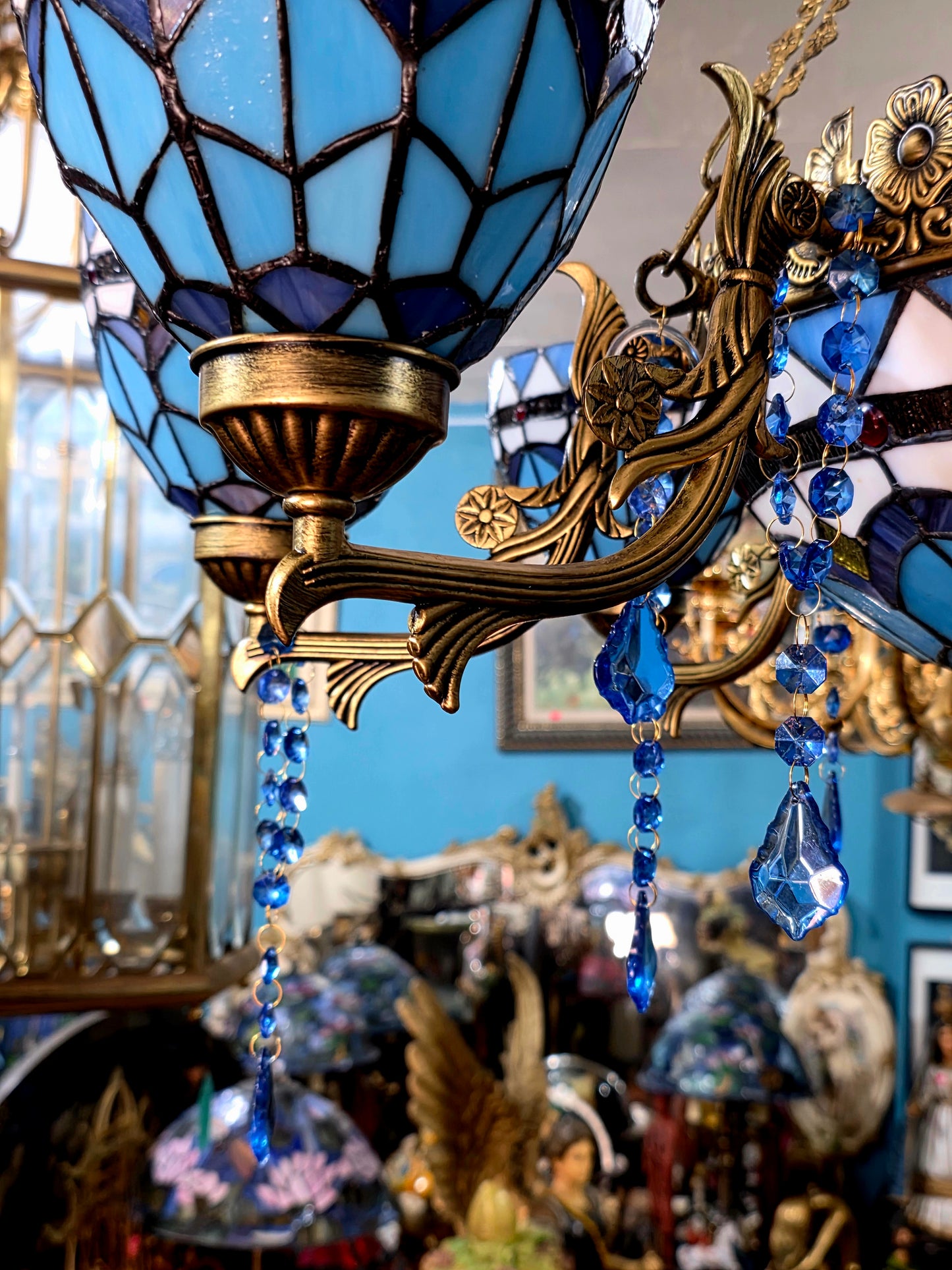 🔱💎 Candil Tiffany Retro de 9 Luces — Elegancia en Vitrales y Cristales 💙🔱