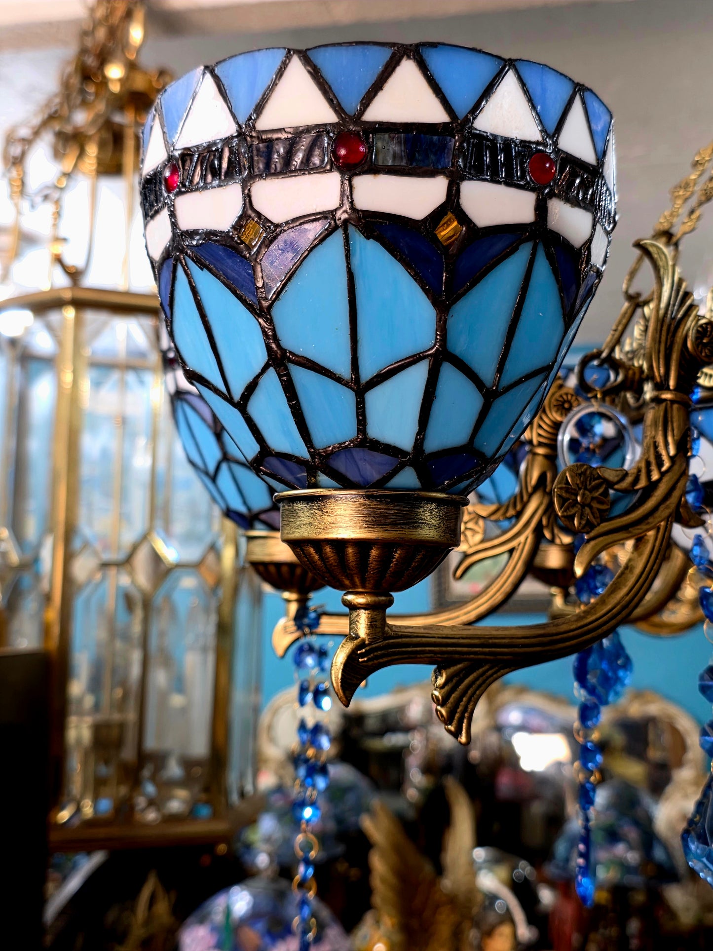 🔱💎 Candil Tiffany Retro de 9 Luces — Elegancia en Vitrales y Cristales 💙🔱