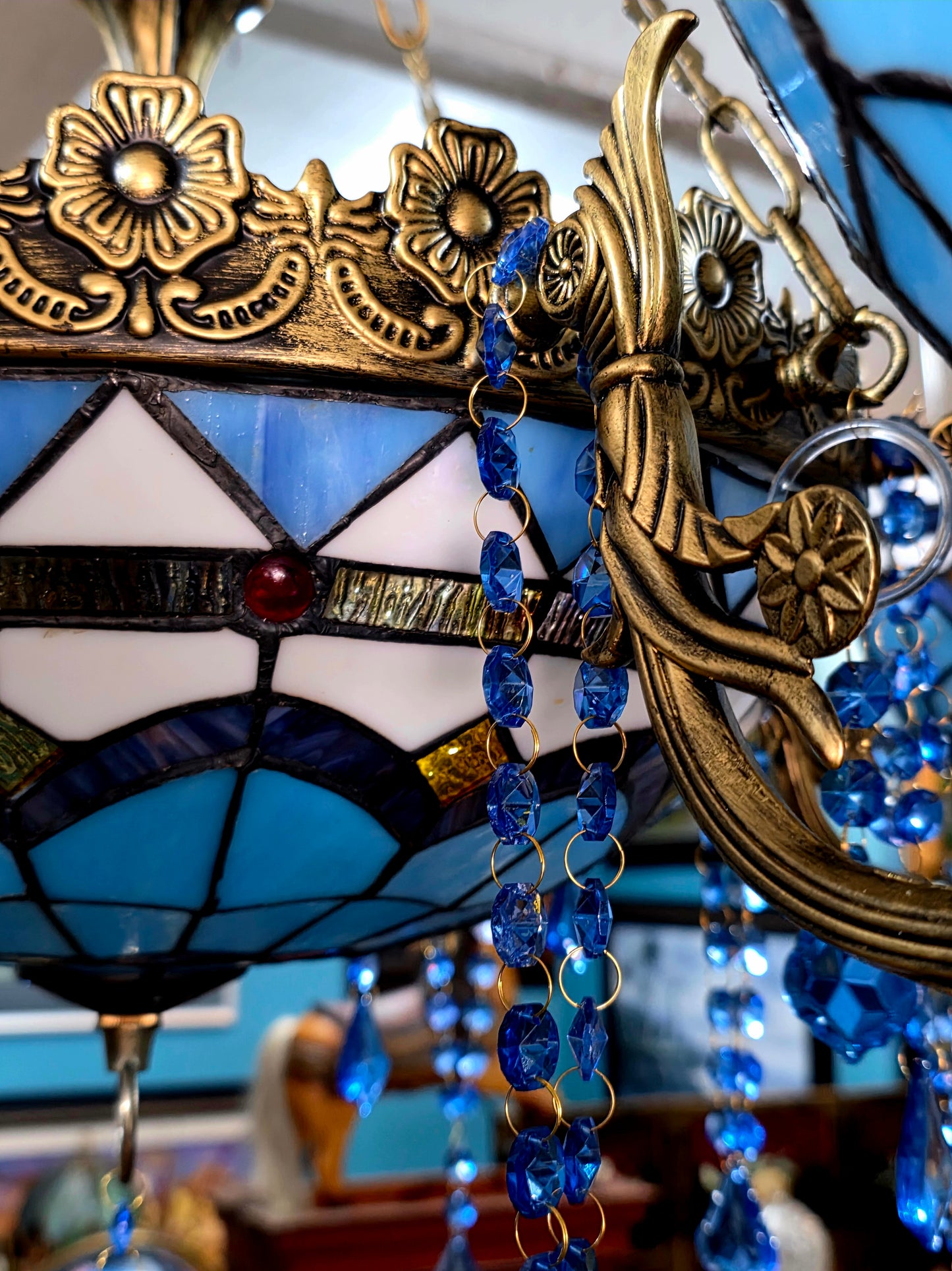 🔱💎 Candil Tiffany Retro de 9 Luces — Elegancia en Vitrales y Cristales 💙🔱