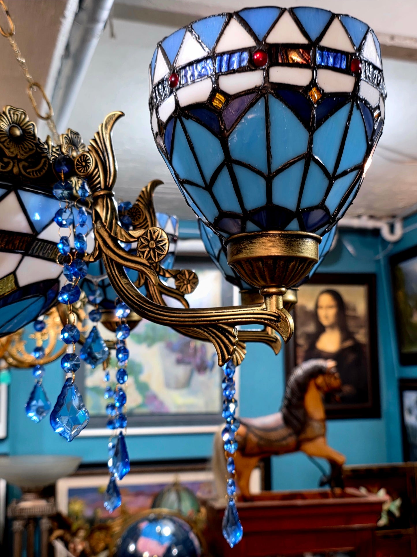 🔱💎 Candil Tiffany Retro de 9 Luces — Elegancia en Vitrales y Cristales 💙🔱