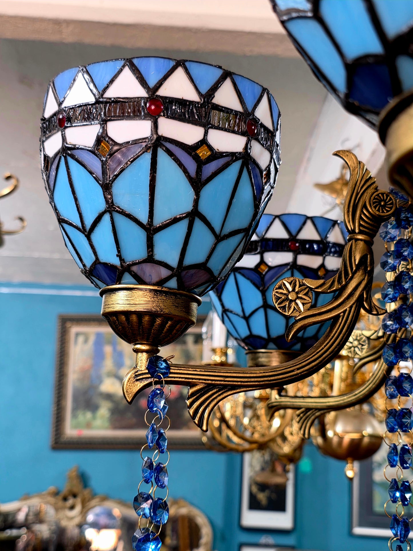 🔱💎 Candil Tiffany Retro de 9 Luces — Elegancia en Vitrales y Cristales 💙🔱