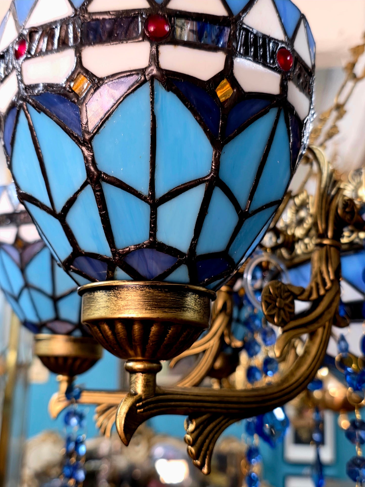 🔱💎 Candil Tiffany Retro de 9 Luces — Elegancia en Vitrales y Cristales 💙🔱