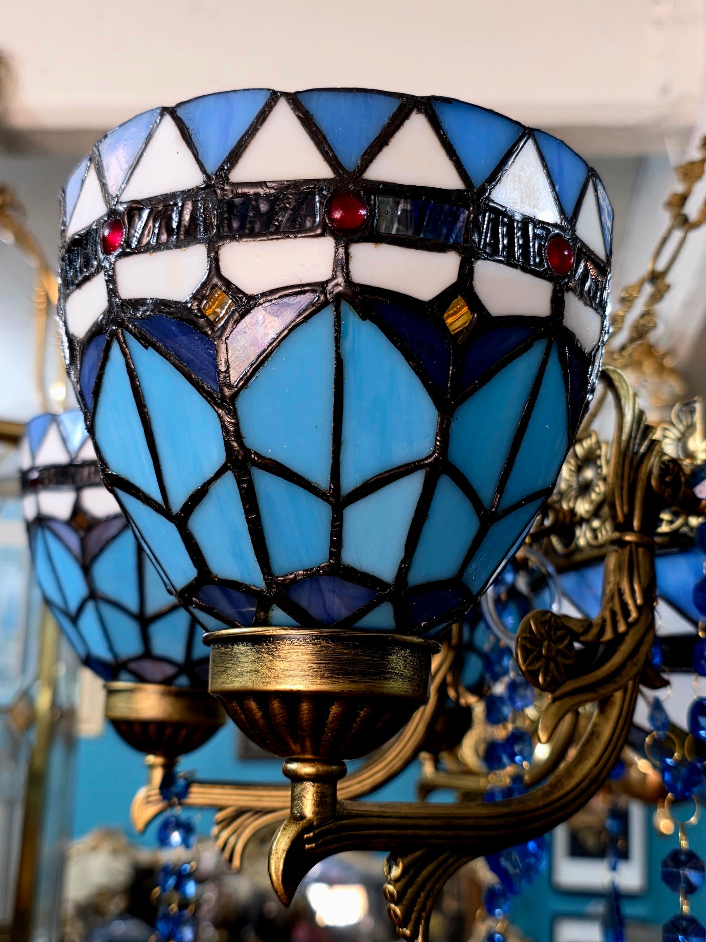 🔱💎 Candil Tiffany Retro de 9 Luces — Elegancia en Vitrales y Cristales 💙🔱