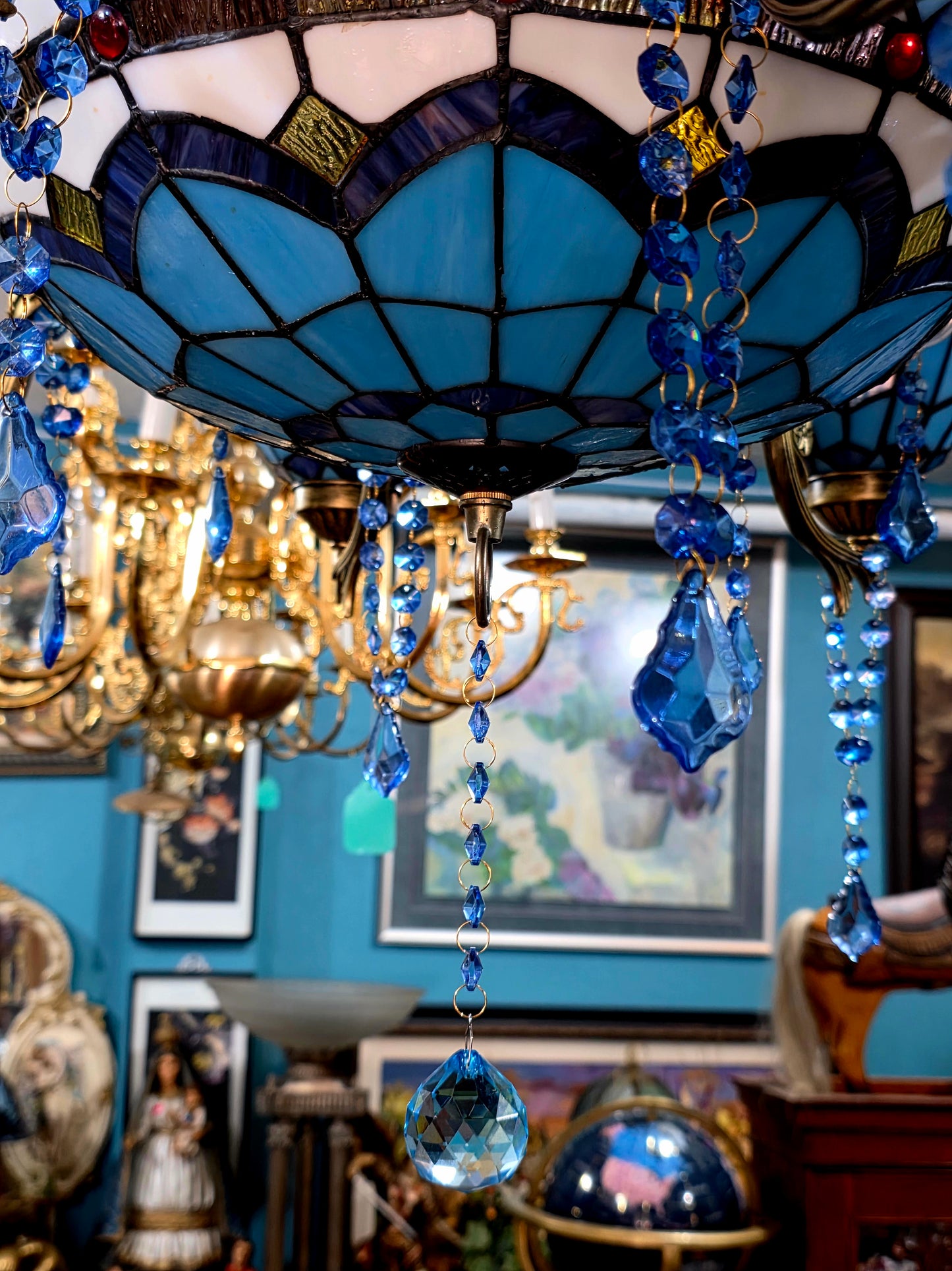 🔱💎 Candil Tiffany Retro de 9 Luces — Elegancia en Vitrales y Cristales 💙🔱