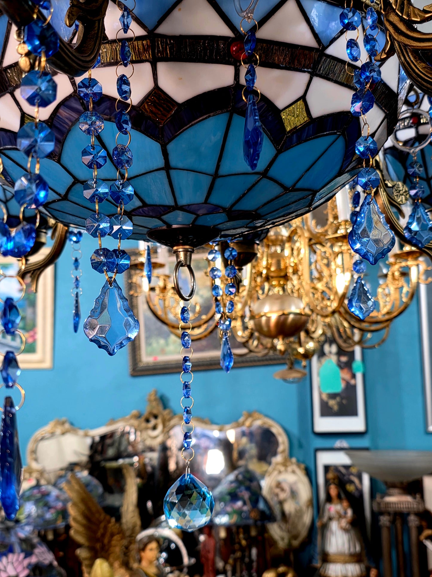 🔱💎 Candil Tiffany Retro de 9 Luces — Elegancia en Vitrales y Cristales 💙🔱