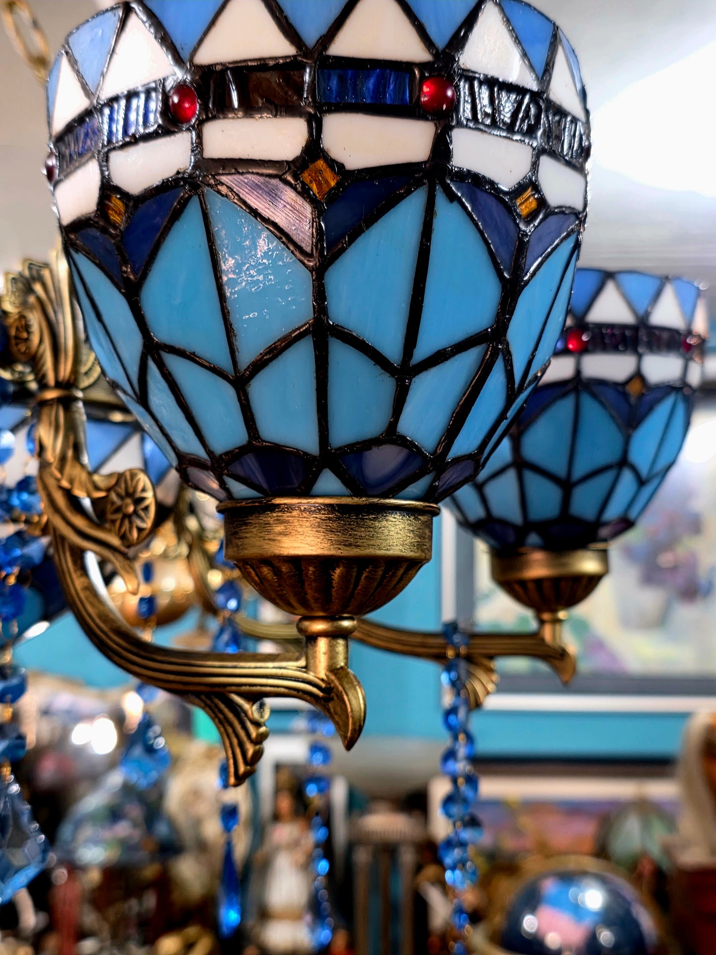 🔱💎 Candil Tiffany Retro de 9 Luces — Elegancia en Vitrales y Cristales 💙🔱