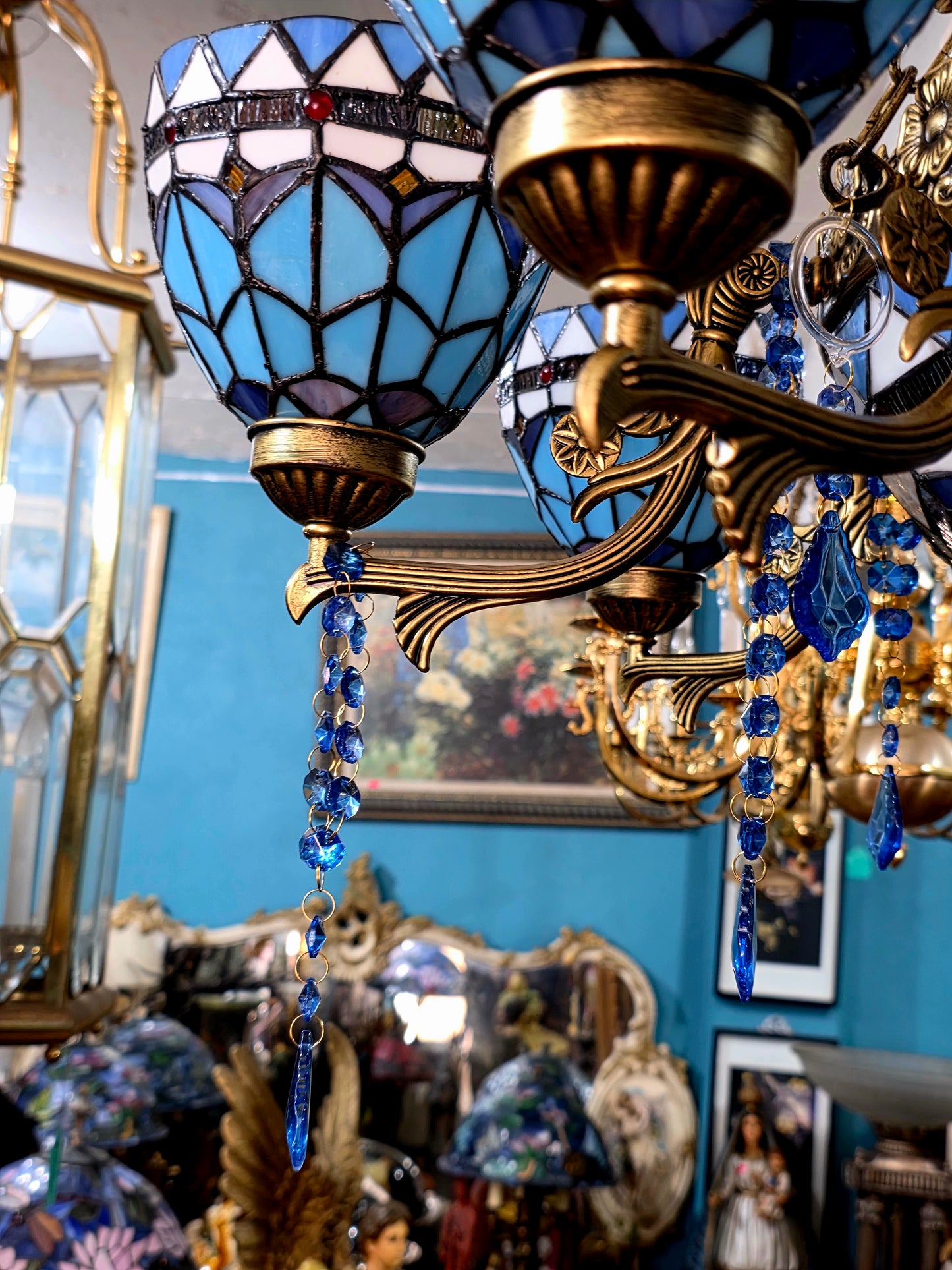 🔱💎 Candil Tiffany Retro de 9 Luces — Elegancia en Vitrales y Cristales 💙🔱