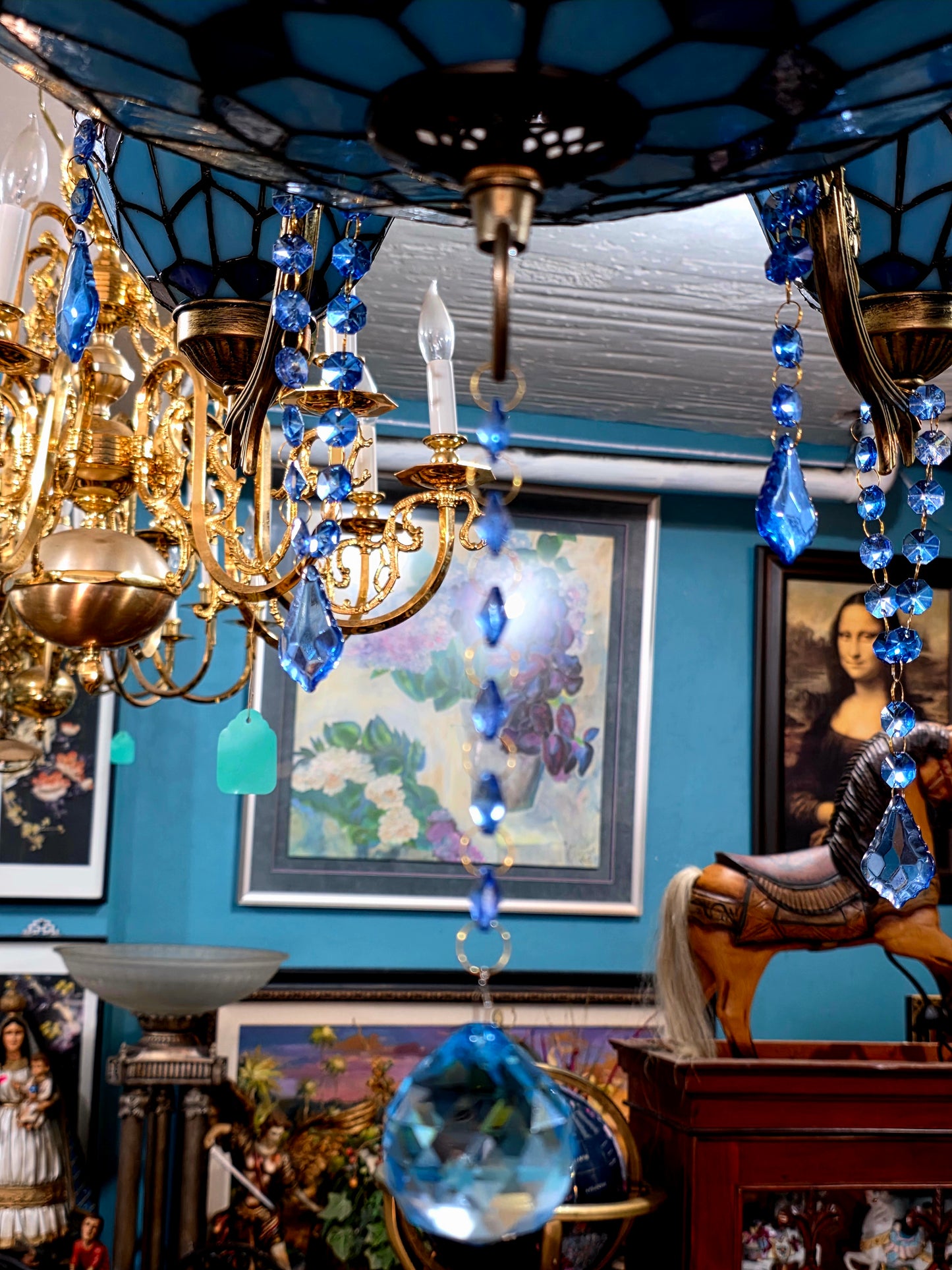 🔱💎 Candil Tiffany Retro de 9 Luces — Elegancia en Vitrales y Cristales 💙🔱