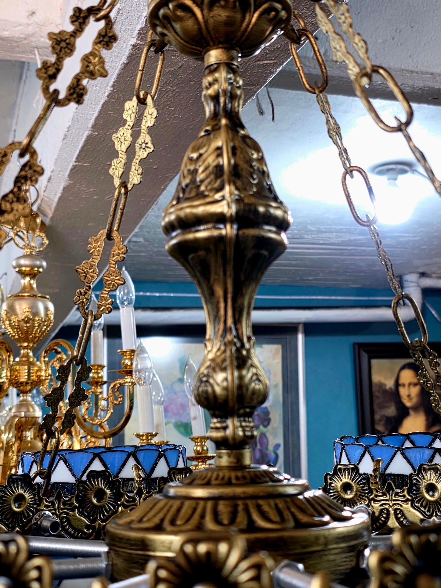 🔱💎 Candil Tiffany Retro de 9 Luces — Elegancia en Vitrales y Cristales 💙🔱