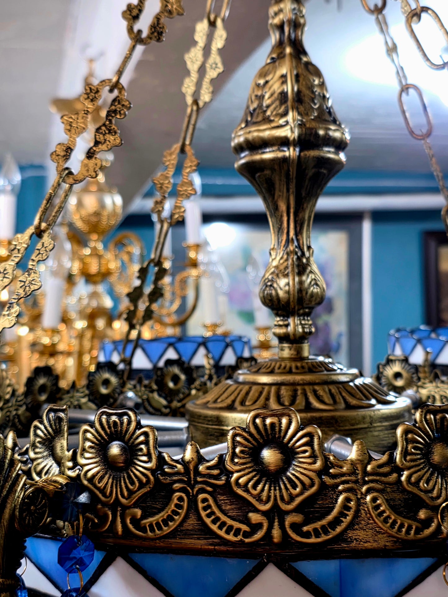 🔱💎 Candil Tiffany Retro de 9 Luces — Elegancia en Vitrales y Cristales 💙🔱