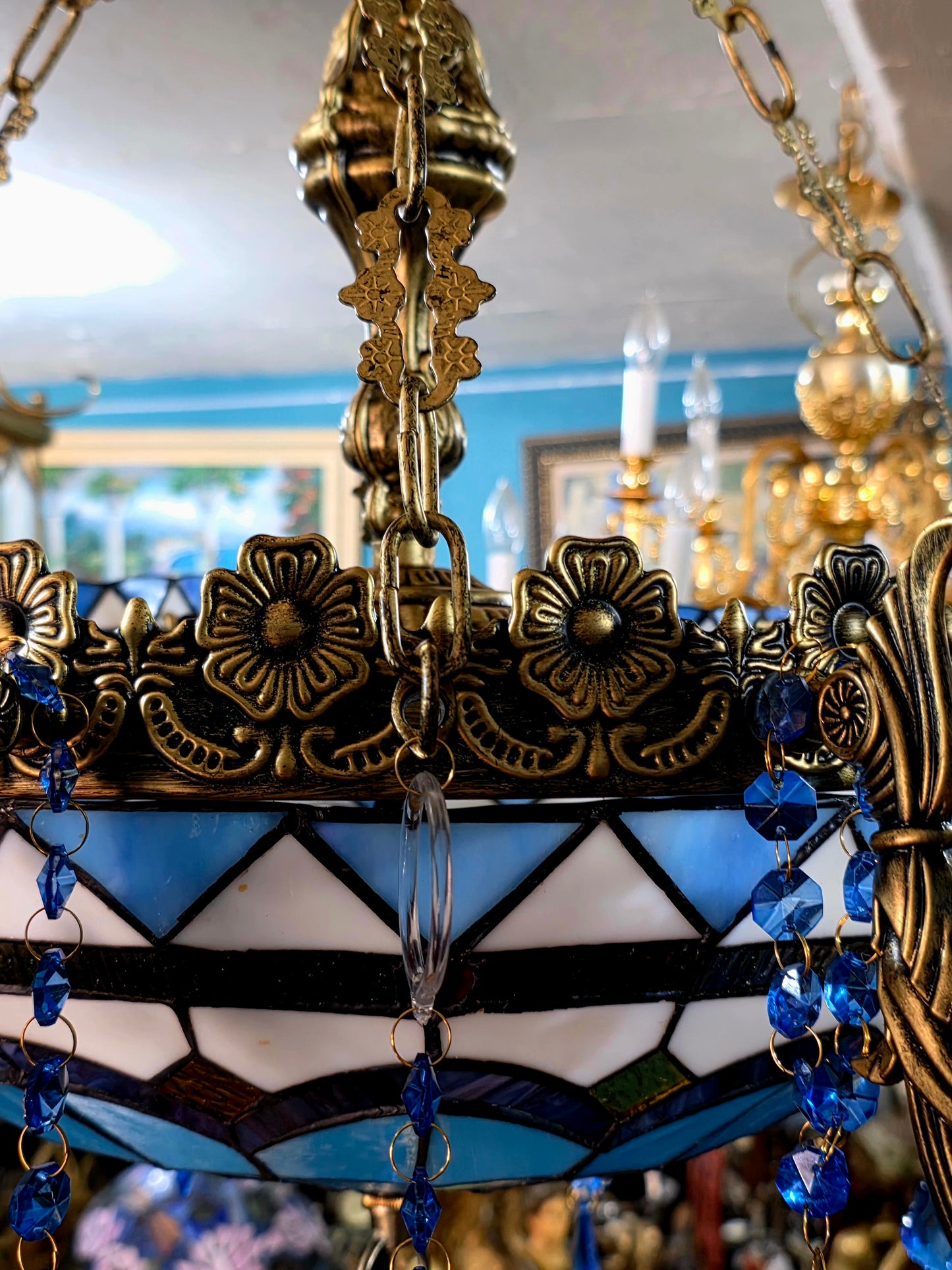 🔱💎 Candil Tiffany Retro de 9 Luces — Elegancia en Vitrales y Cristales 💙🔱